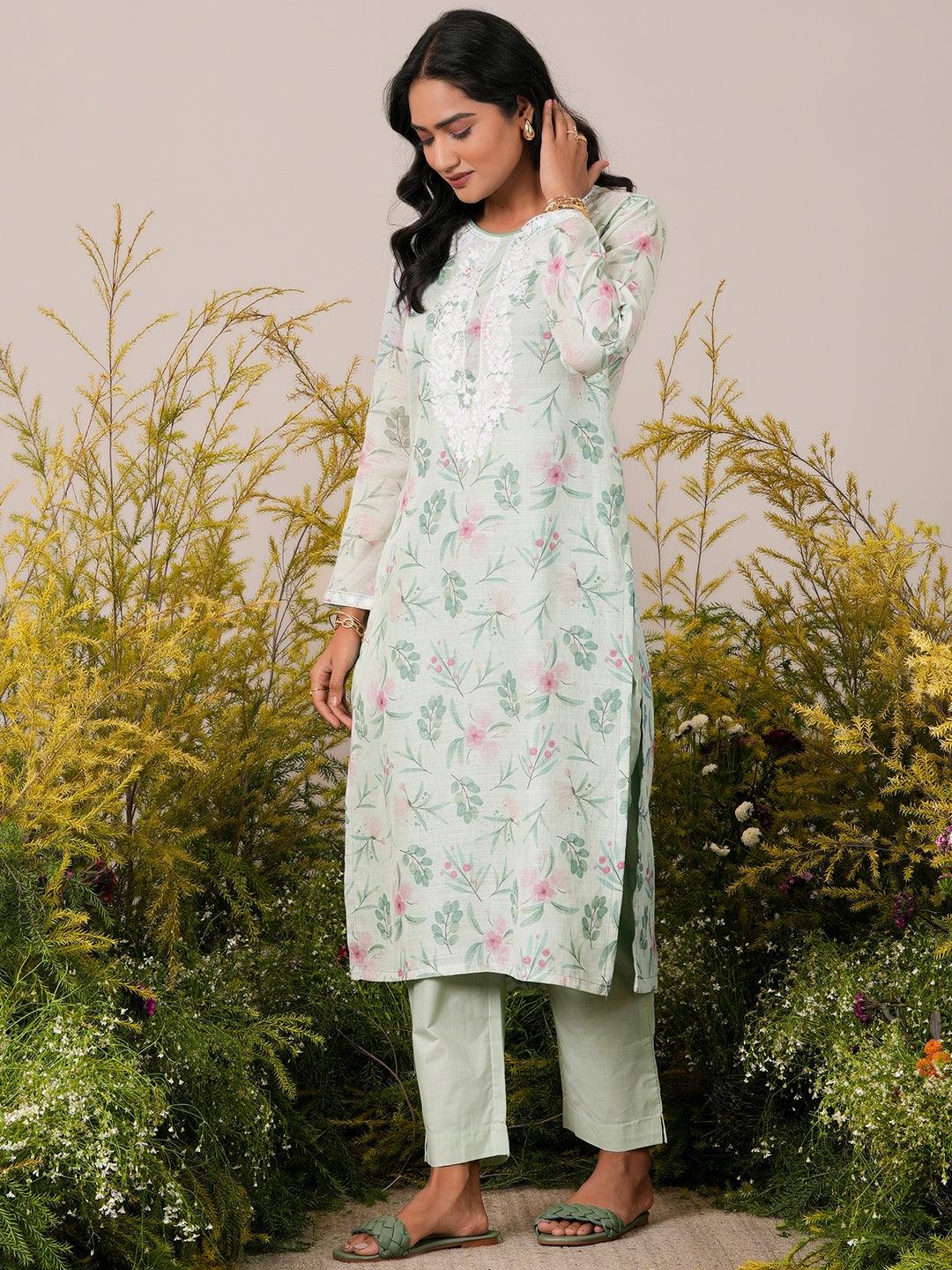 Green Printed Linen Straight Suit With Dupatta