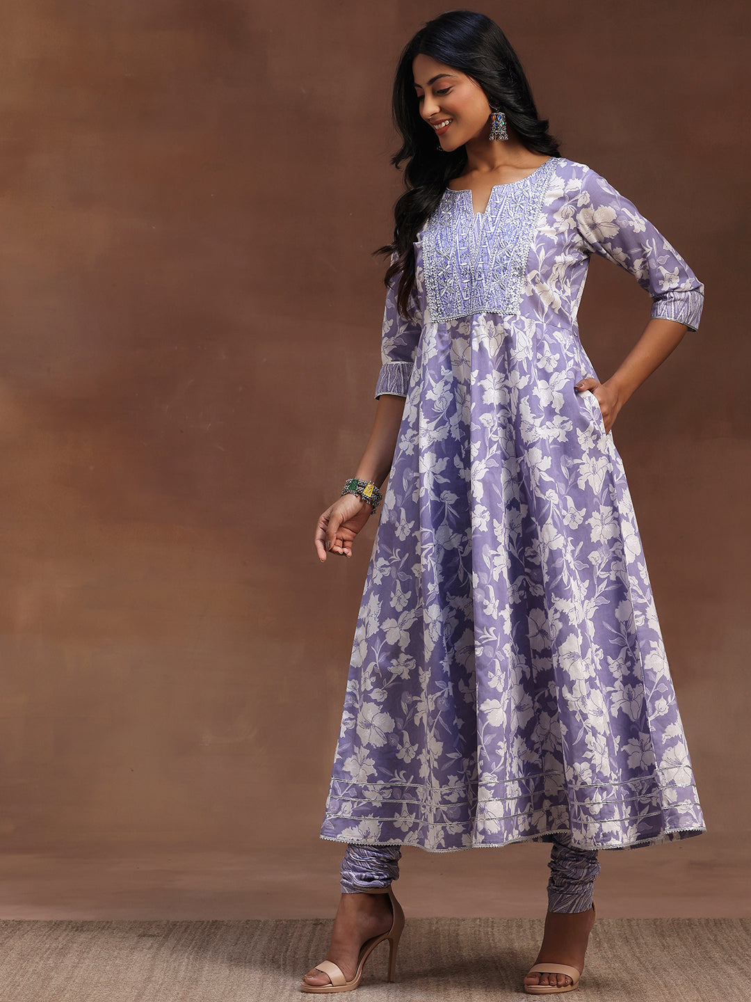 Lavender Printed Cotton Anarkali Suit With Dupatta