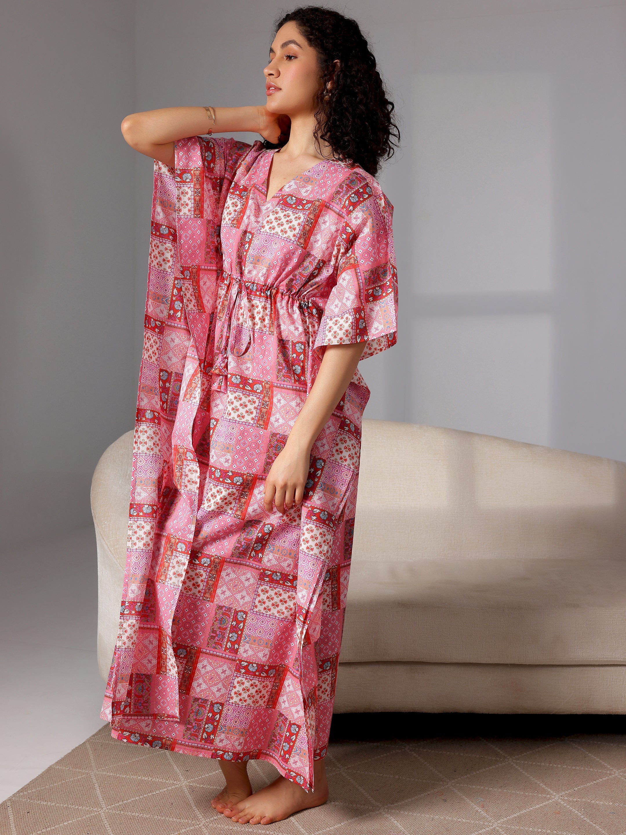 Pink Printed Cotton Kaftan Night Dress