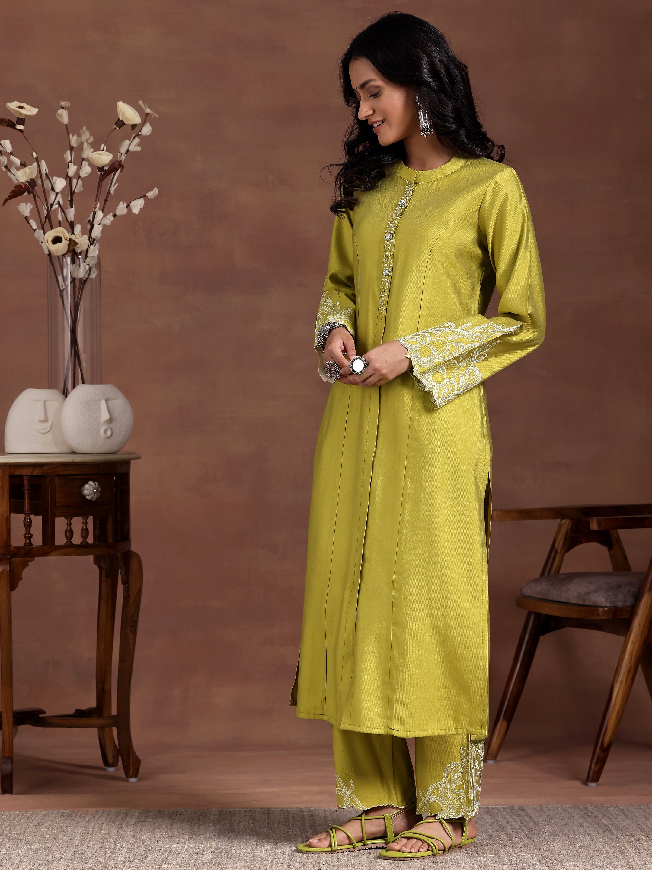 Lime Green Solid Silk Blend Straight Suit With Dupatta