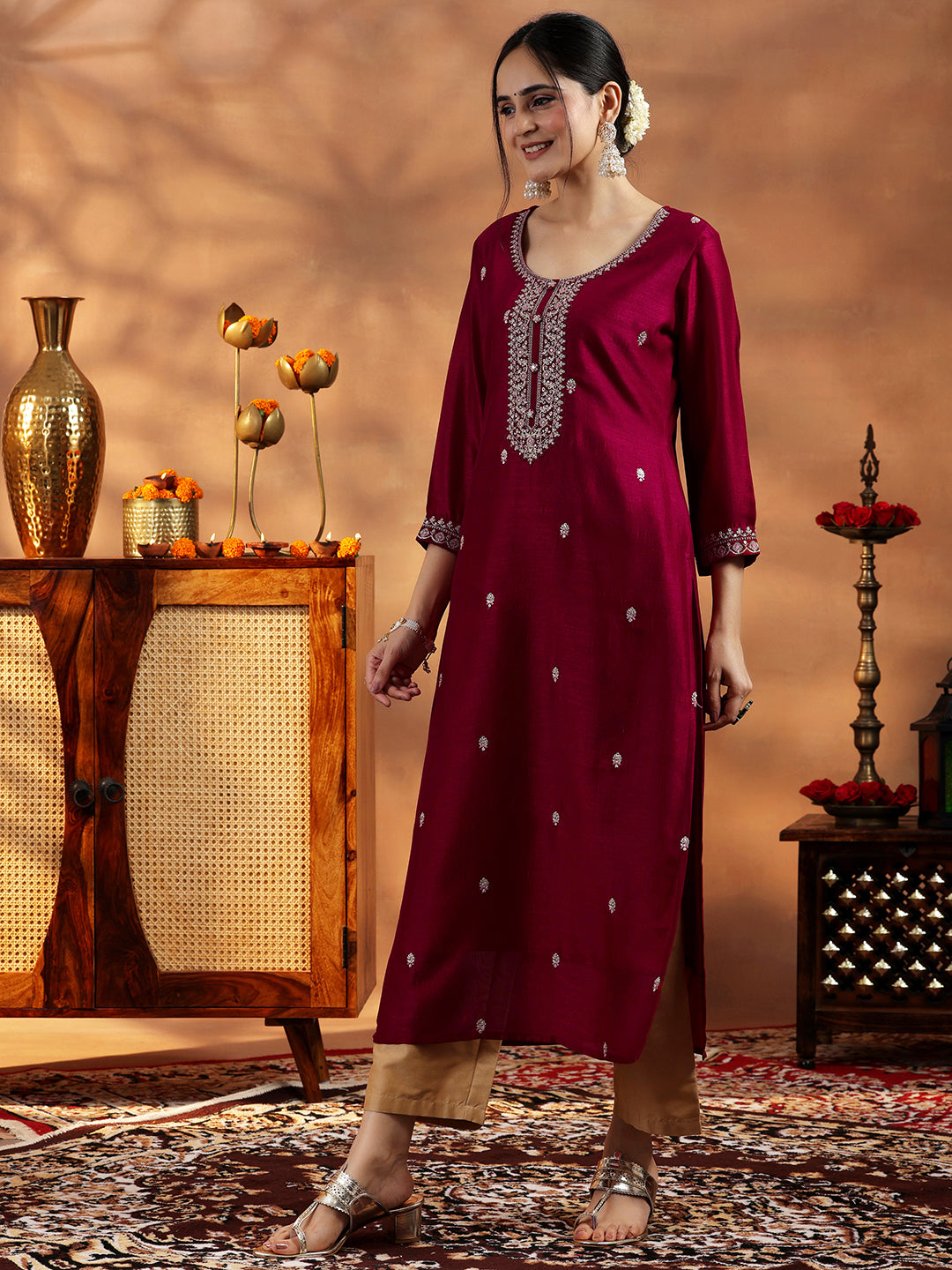 Maroon Embroidered Silk Straight Kurta