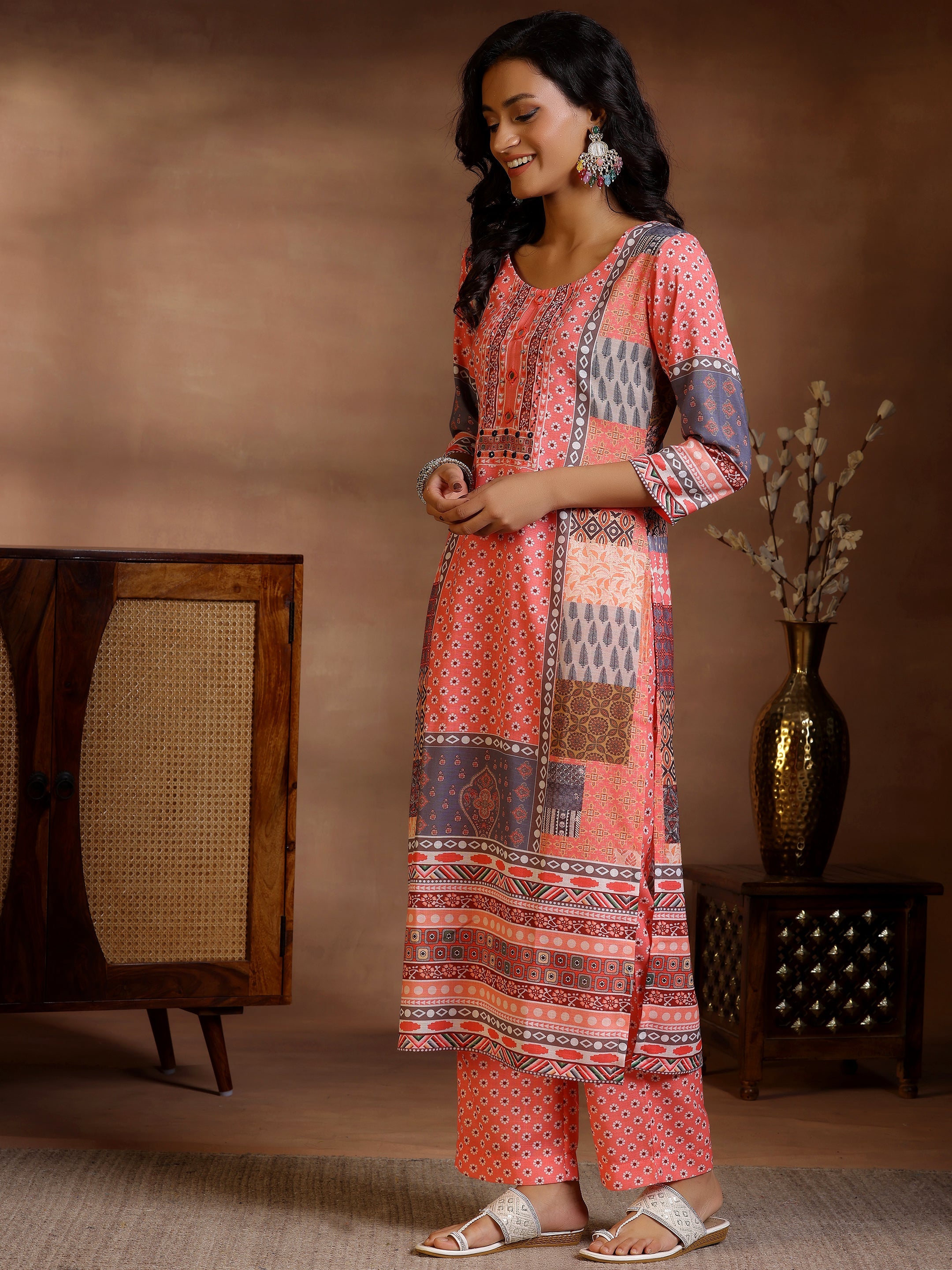 Multicoloured Printed Linen Straight Suit With Dupatta