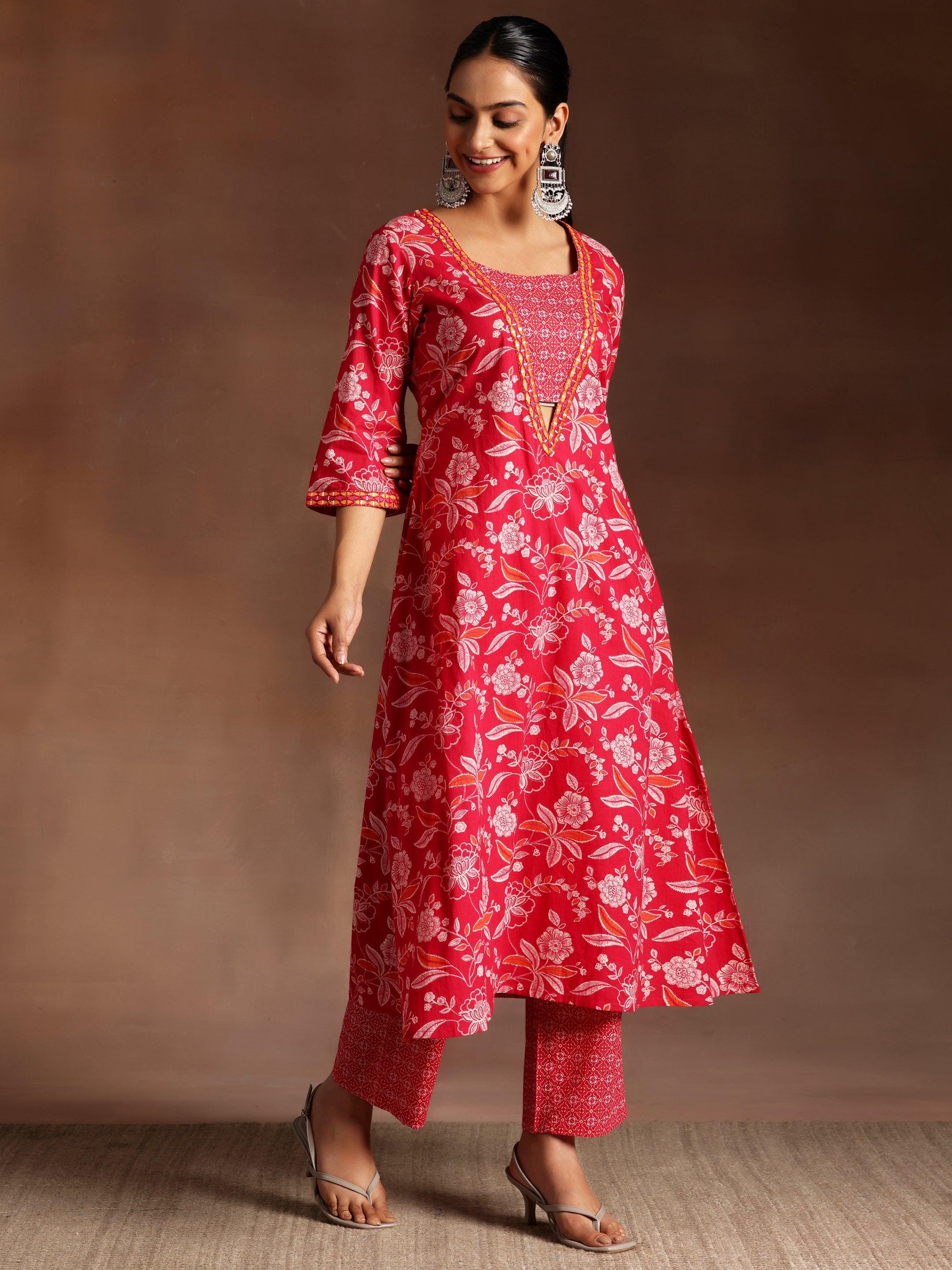 Taruni Pink Printed Cotton A-Line Kurta With Palazzos