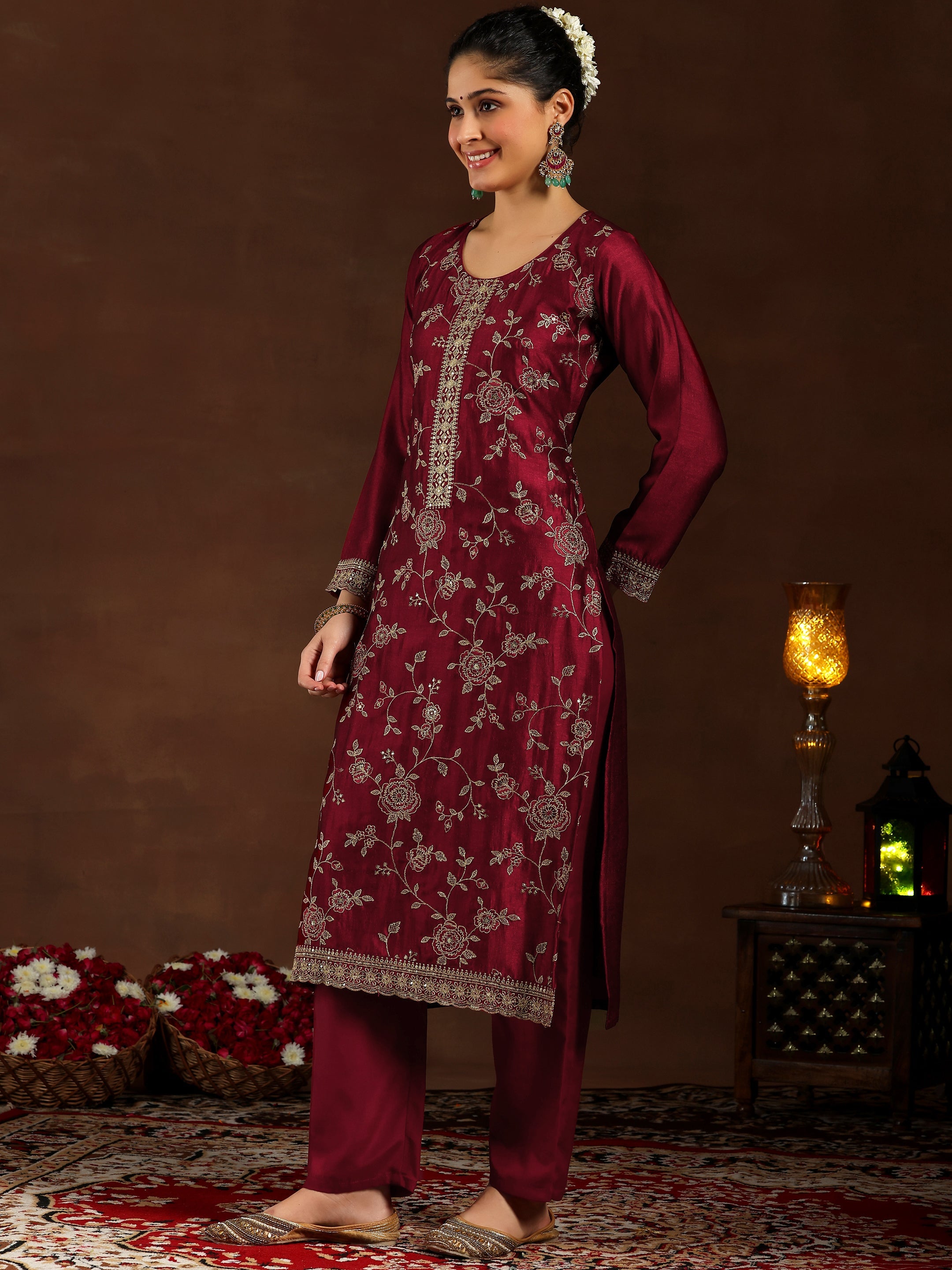 Maroon Embroidered Silk Blend Straight Suit With Dupatta