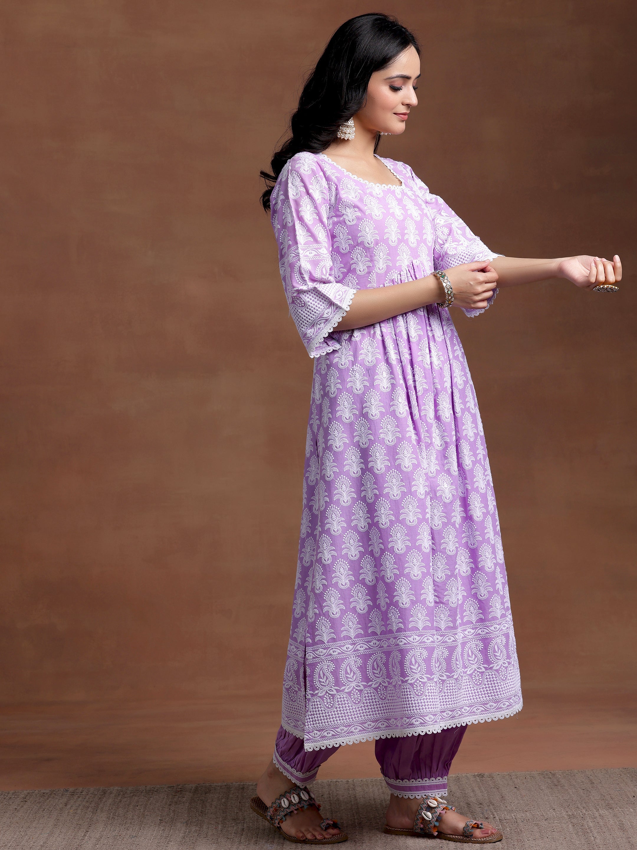 Purple Embroidered Cotton A-Line Kurta With Salwar & Dupatta