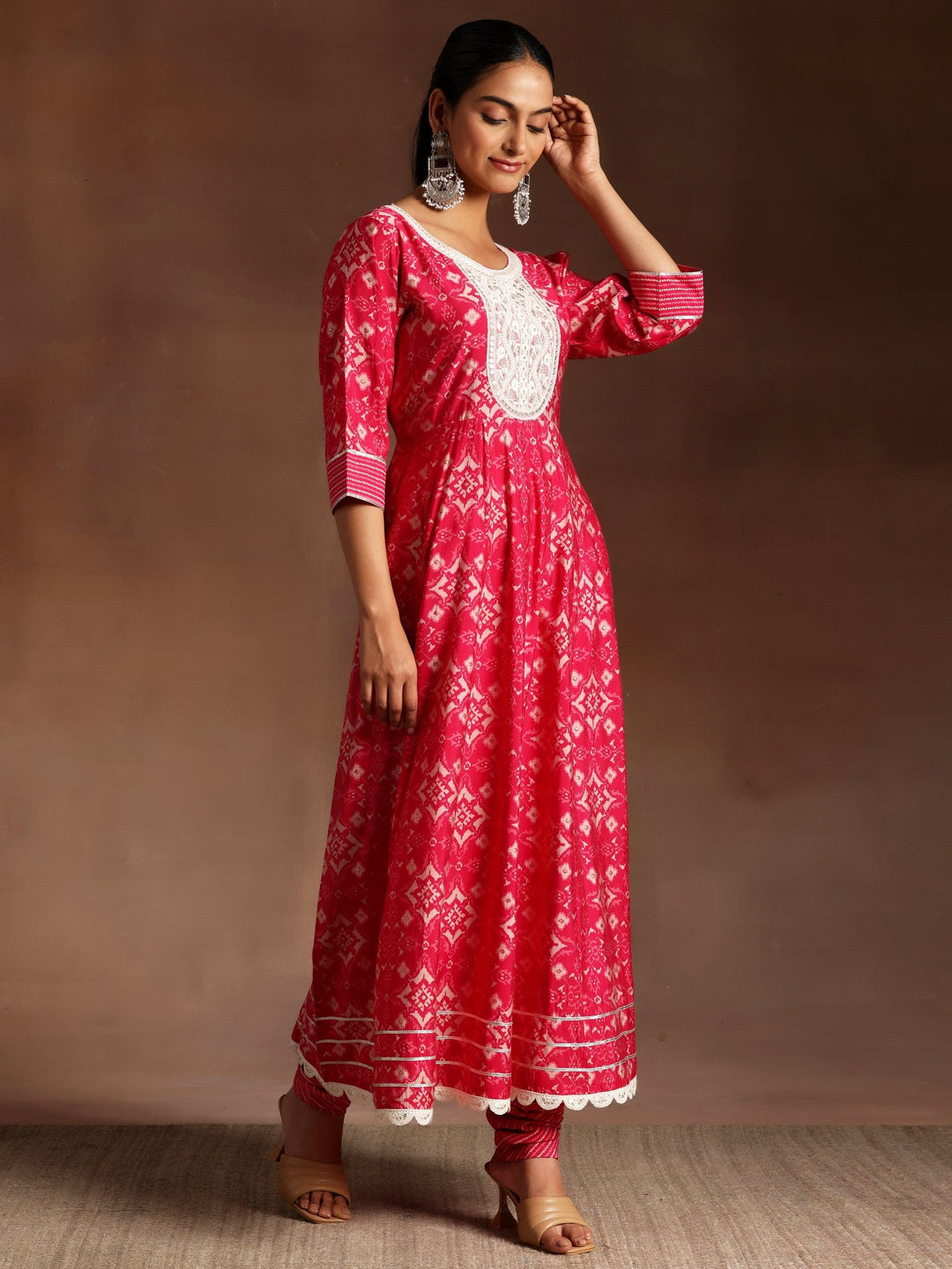 Pink Printed Silk Blend Anarkali Kurta With Churidar & Dupatta - ShopLibas