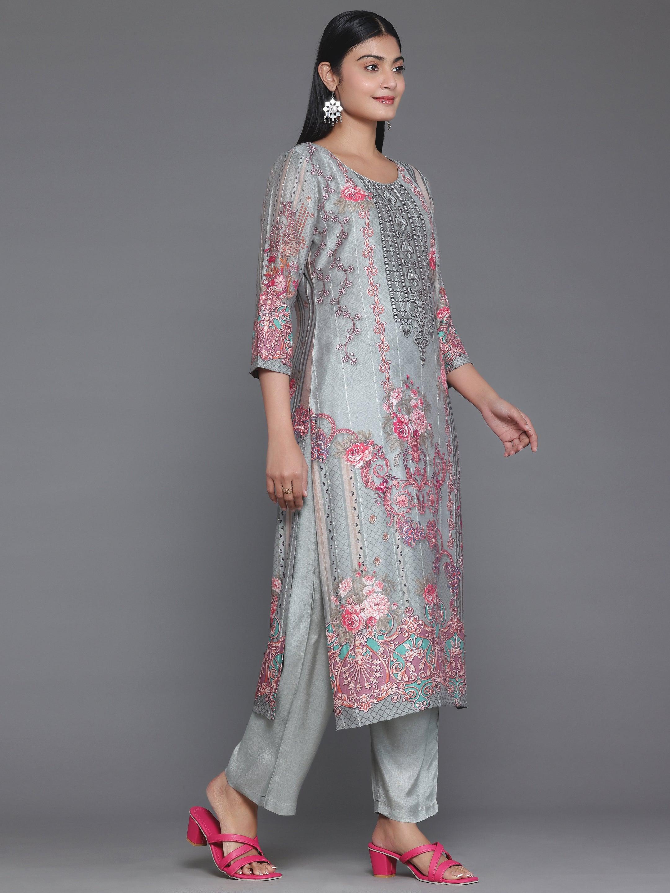 Grey Printed Silk Blend Straight Suit With Dupatta