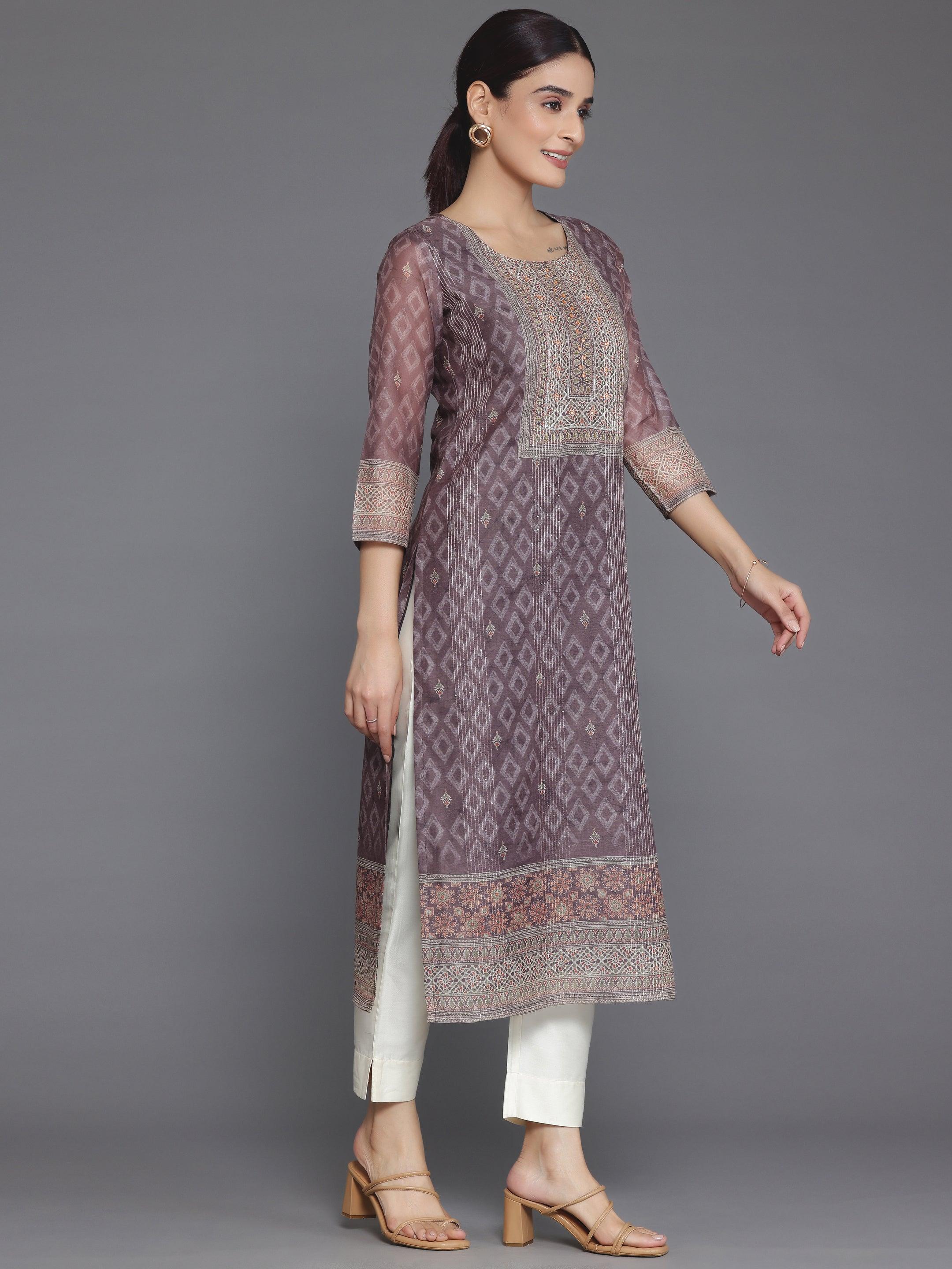 Brown Embellished Chanderi Silk Straight Kurta