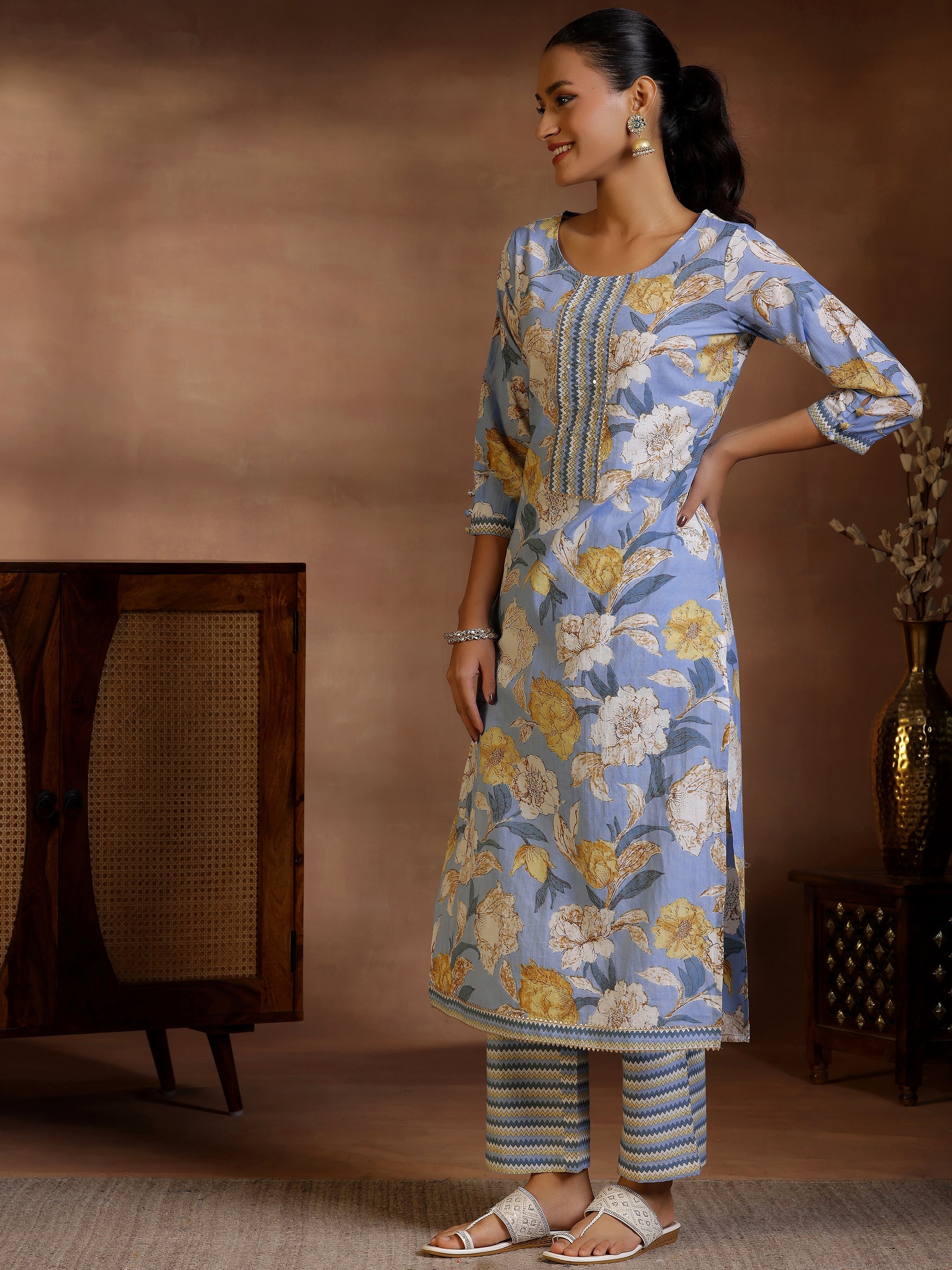 Blue Printed Cotton Straight Kurta Set