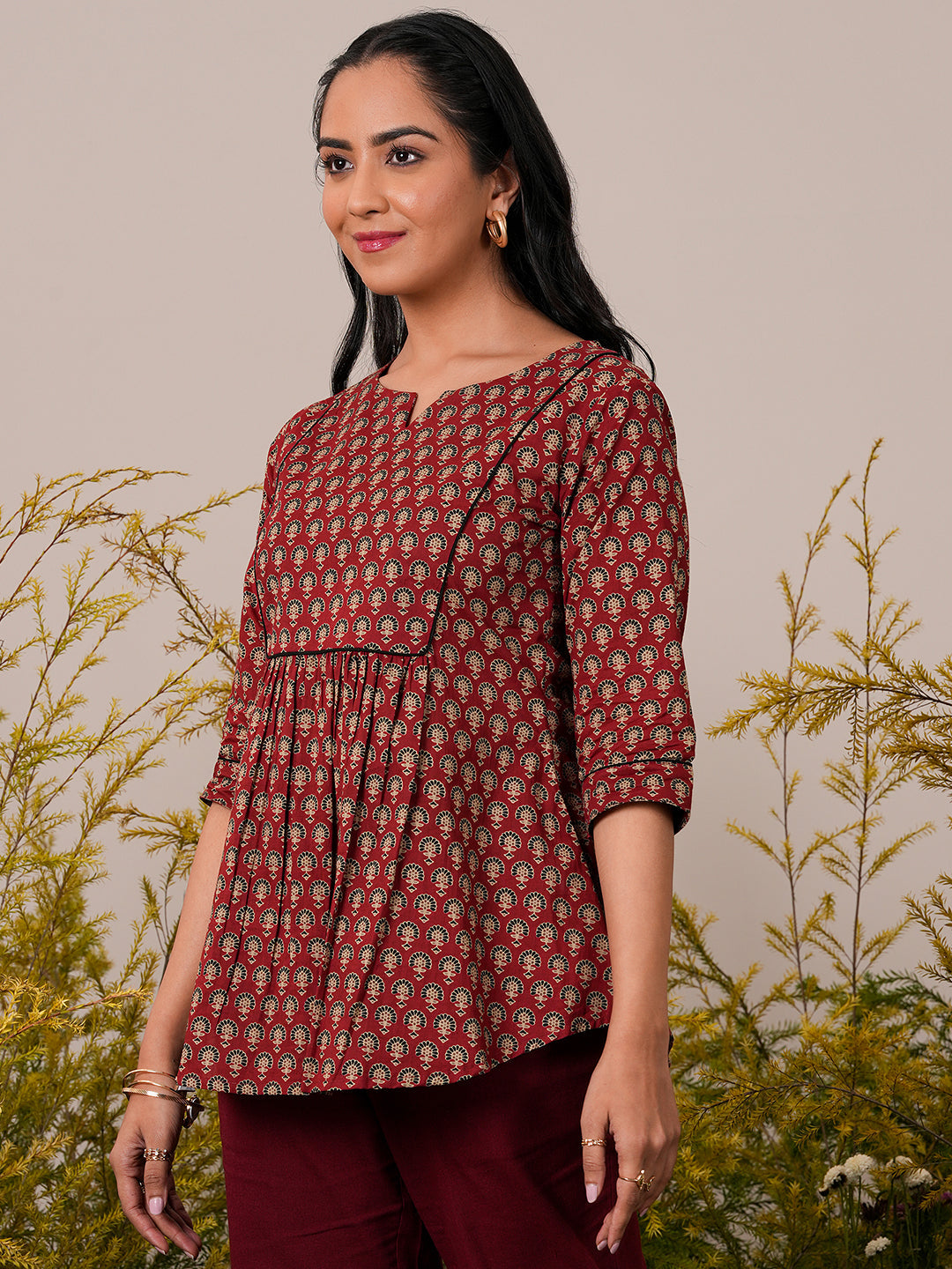 Maroon Printed Cotton A-Line Kurti