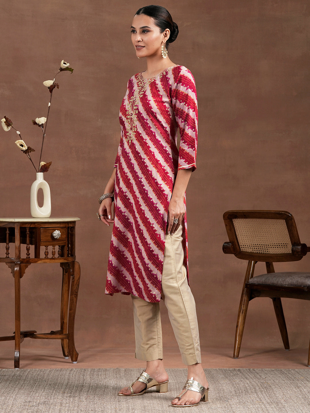 Pink Printed Rayon Straight Kurta