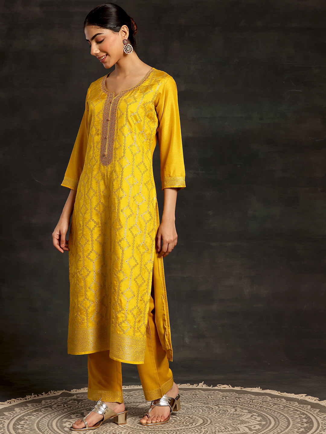 Mustard Woven Design Silk Blend Straight Suit With Dupatta