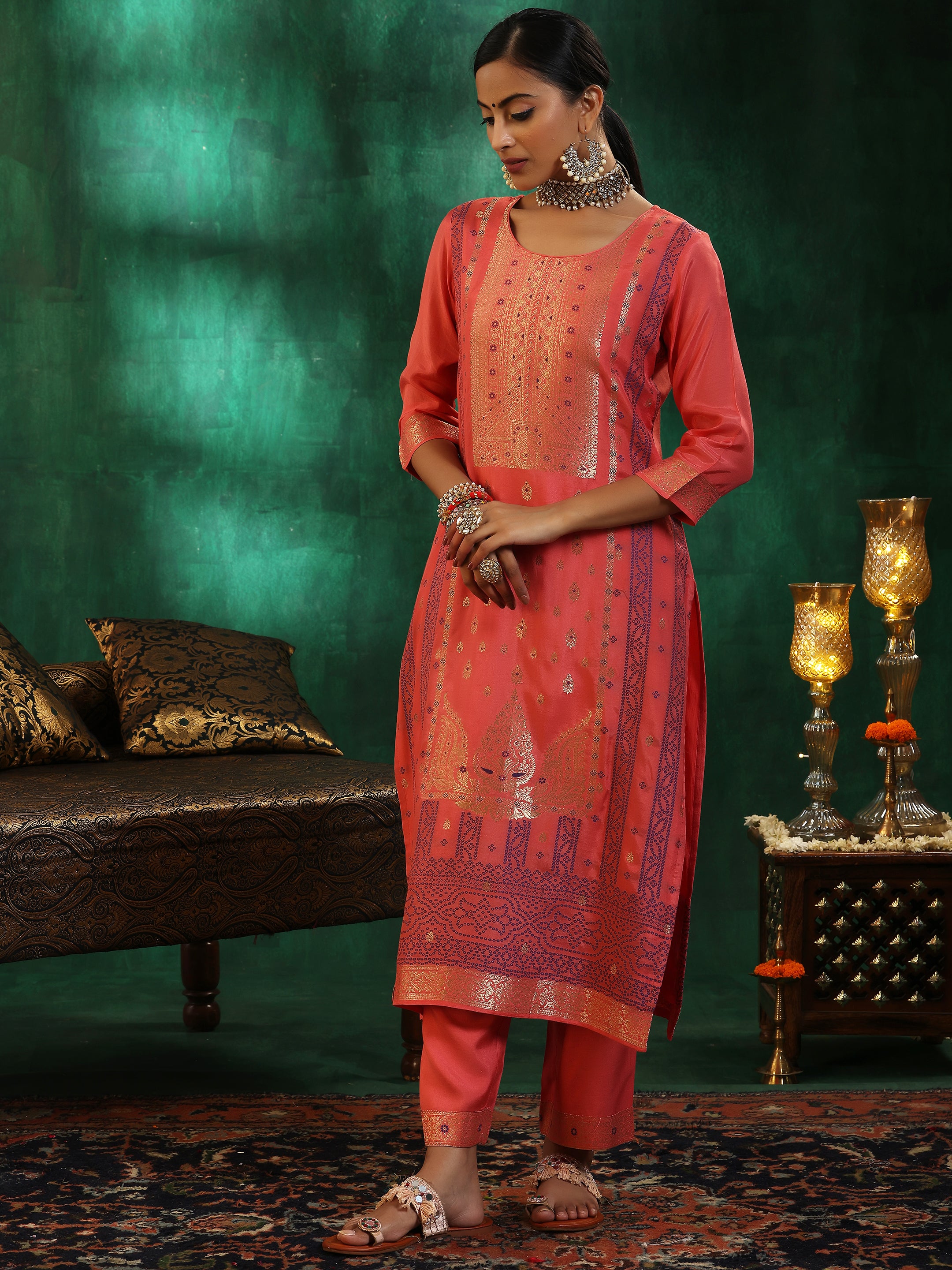 Peach Woven Design Silk Blend Straight Suit With Dupatta