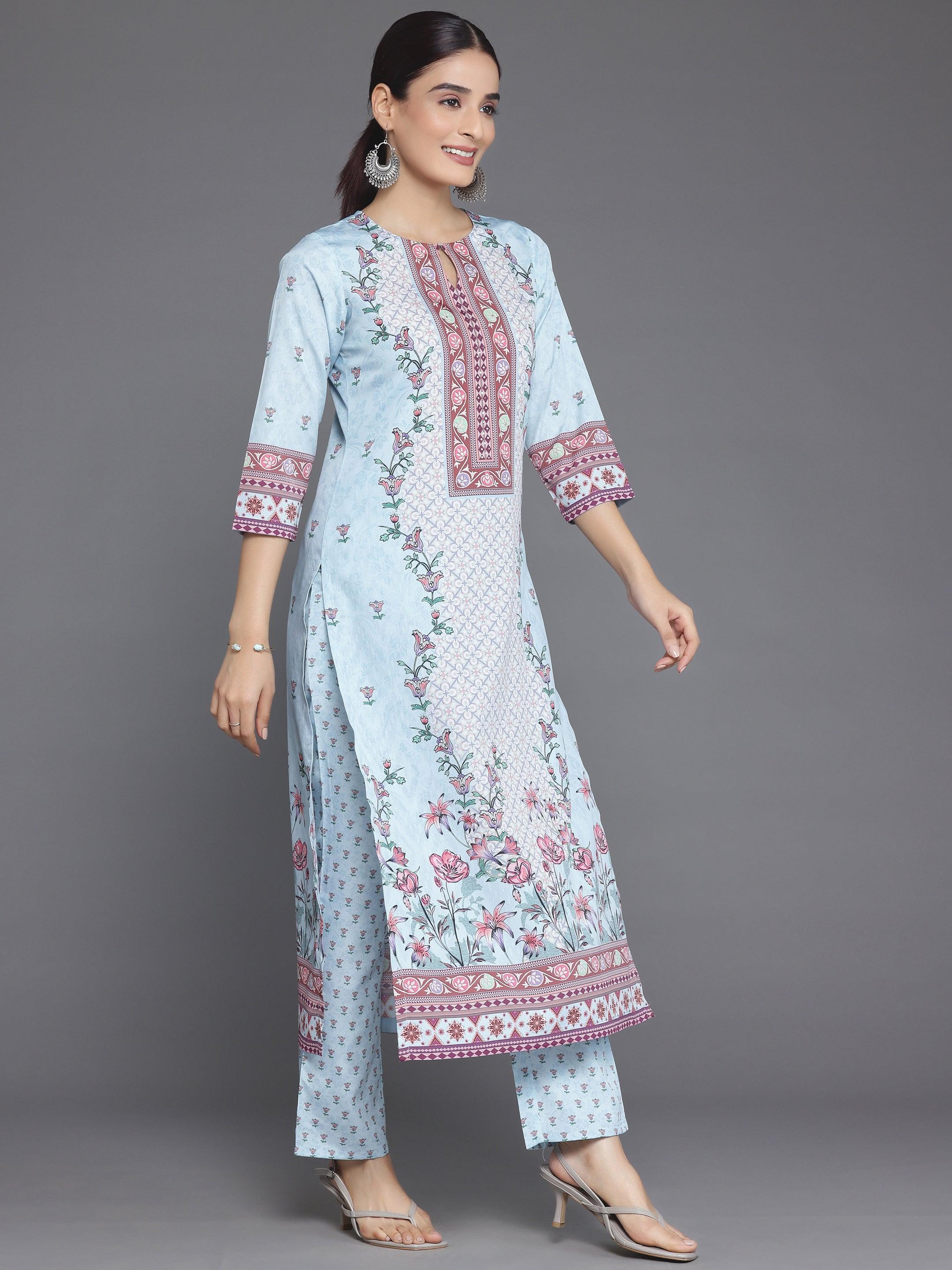 Blue Printed Poly Crepe Straight Suit With Dupatta