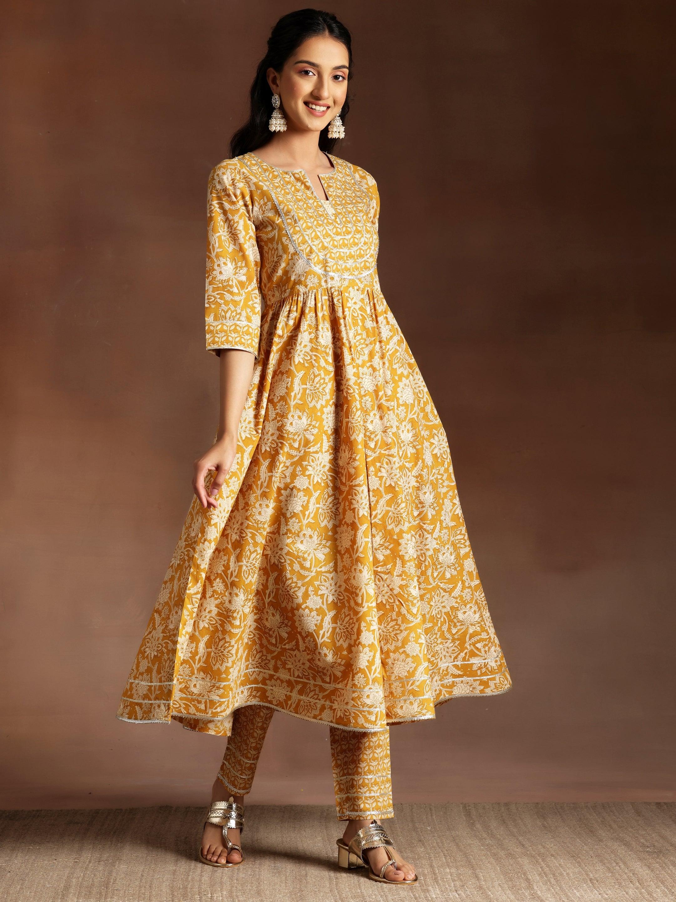 Mustard Printed Cotton Anarkali Suit With Dupatta