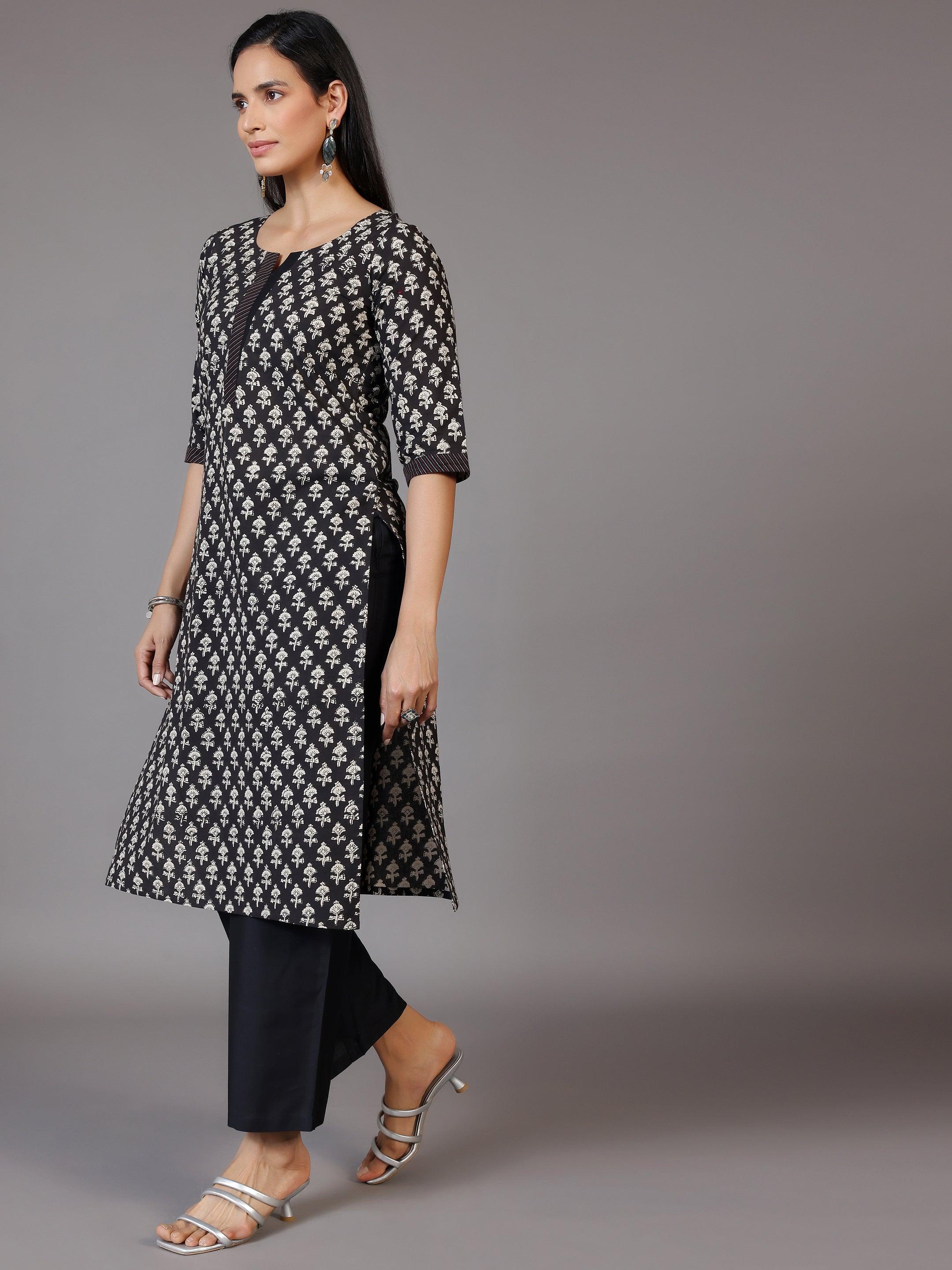 Black Printed Cotton Straight Kurta