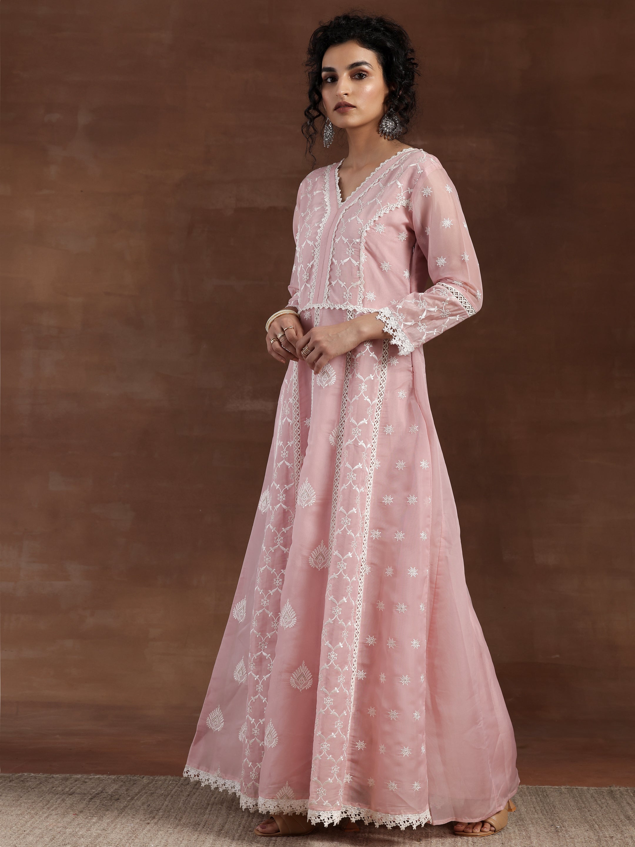 Pink Embroidered Organza A-Line Kurta With Palazzos & Dupatta