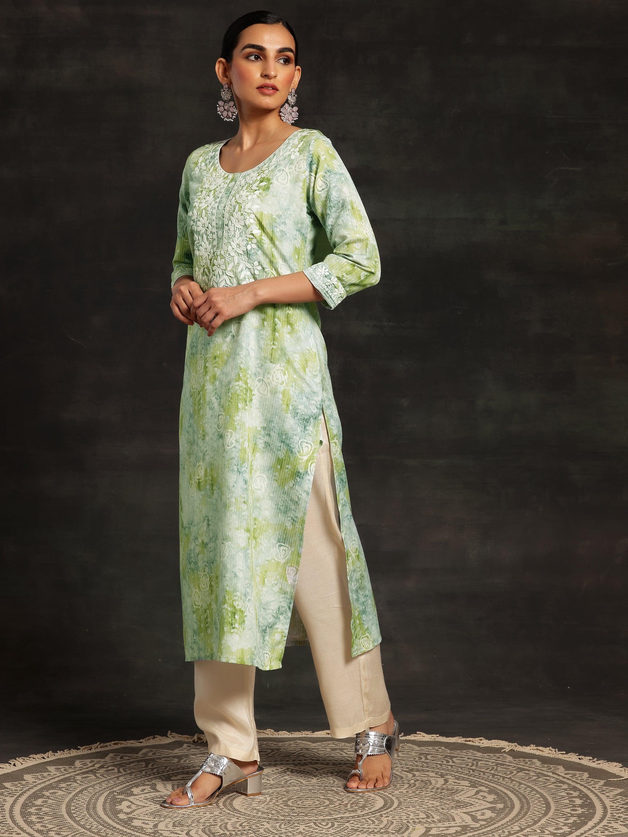 Green Printed Cotton Straight Kurta