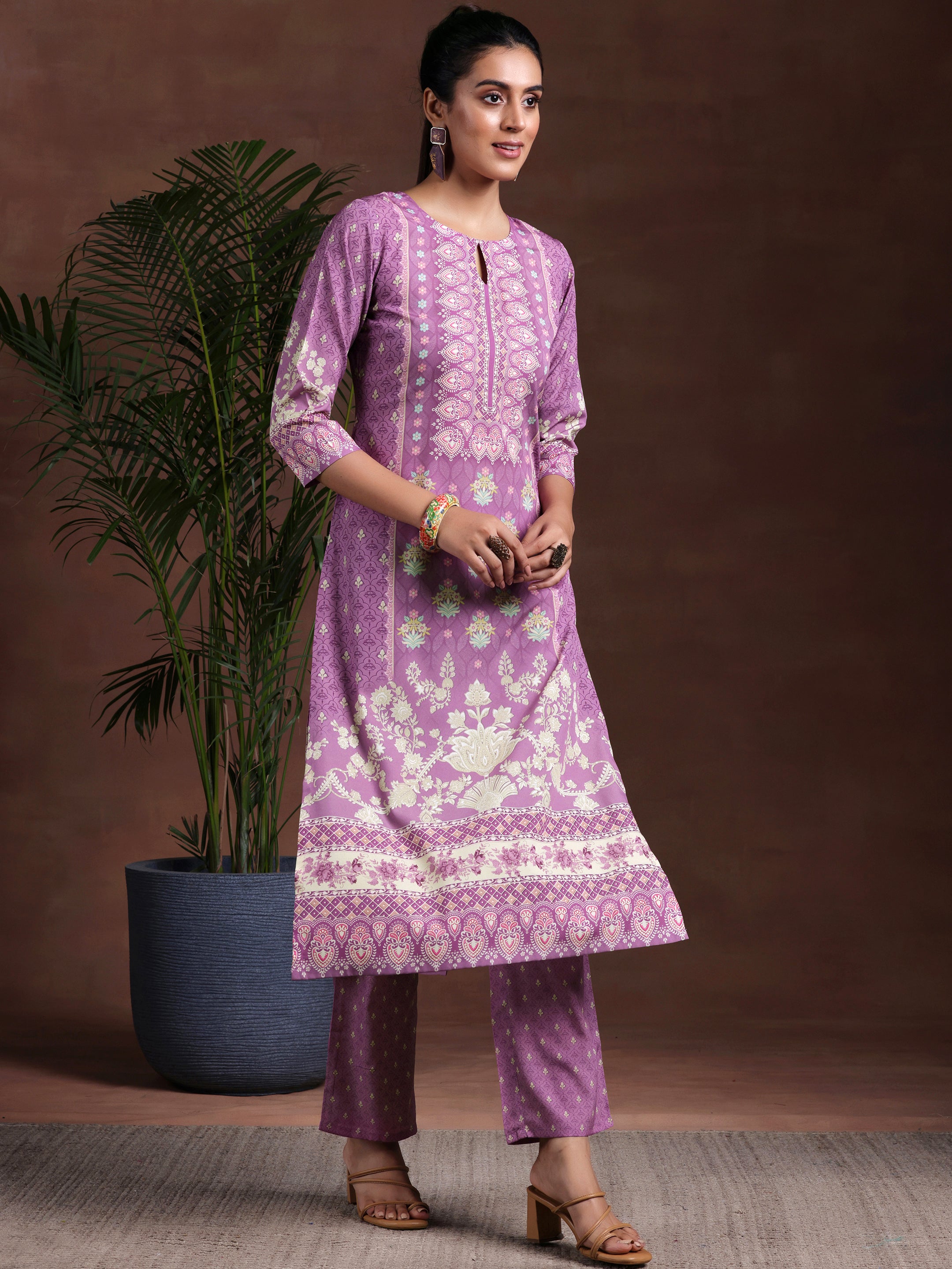 Purple Printed Poly Crepe Straight Suit With Dupatta