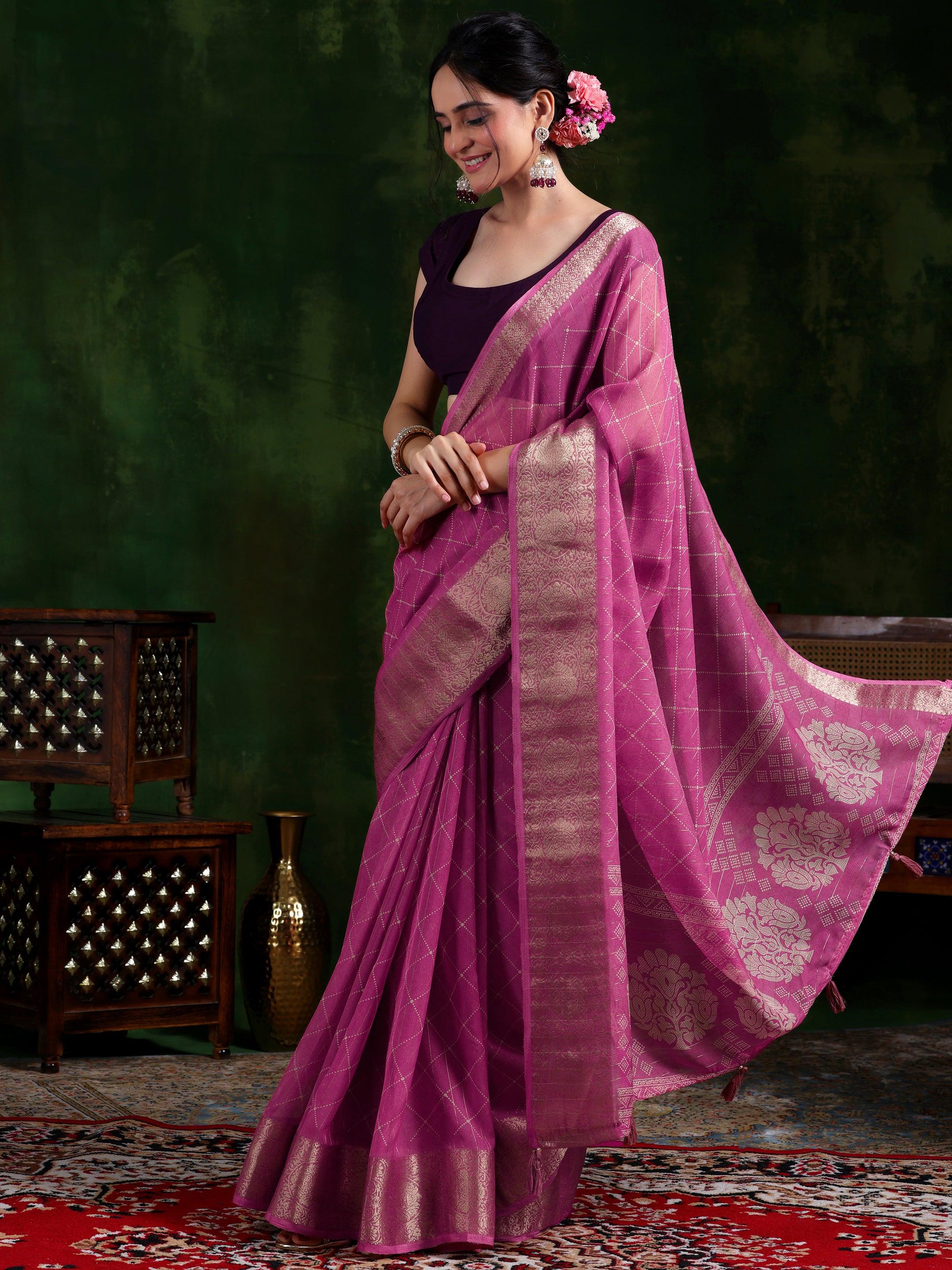 Pink Printed Silk Blend Saree With Unstitched Blouse Piece