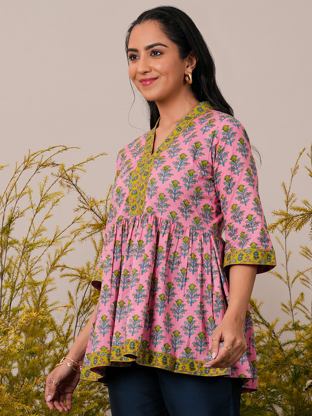 Pink Printed Cotton A-Line Kurti