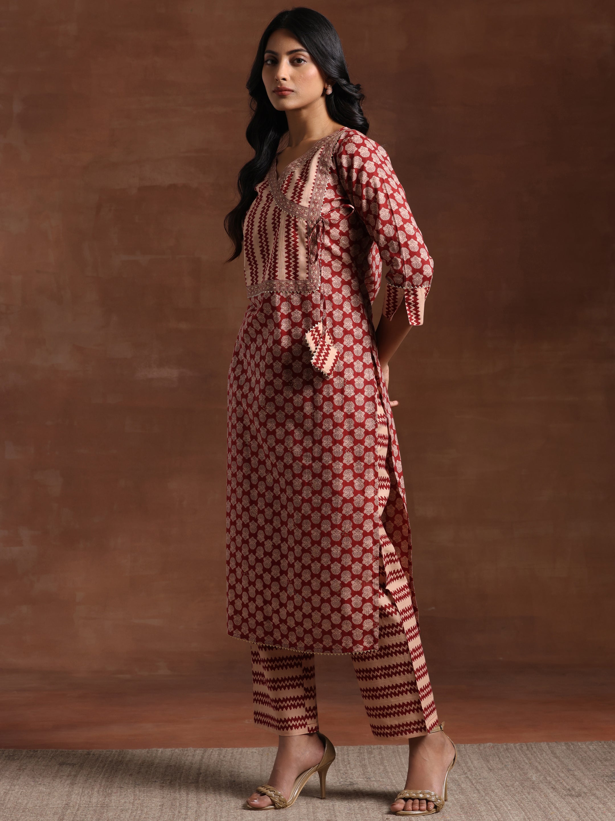 Maroon Printed Cotton Straight Suit With Dupatta