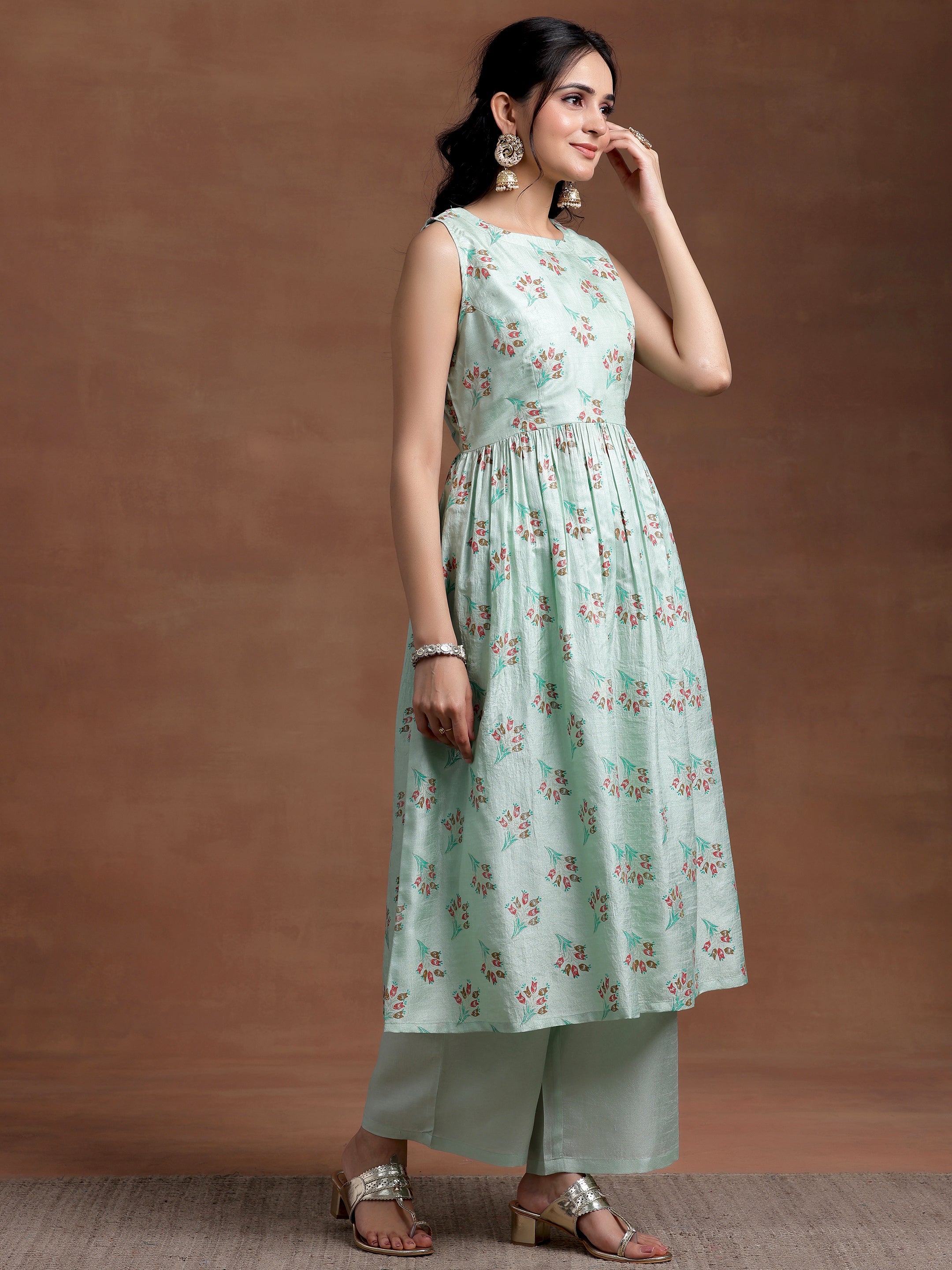 Sea green Printed Silk Blend A-Line Kurta With Palazzos & Dupatta