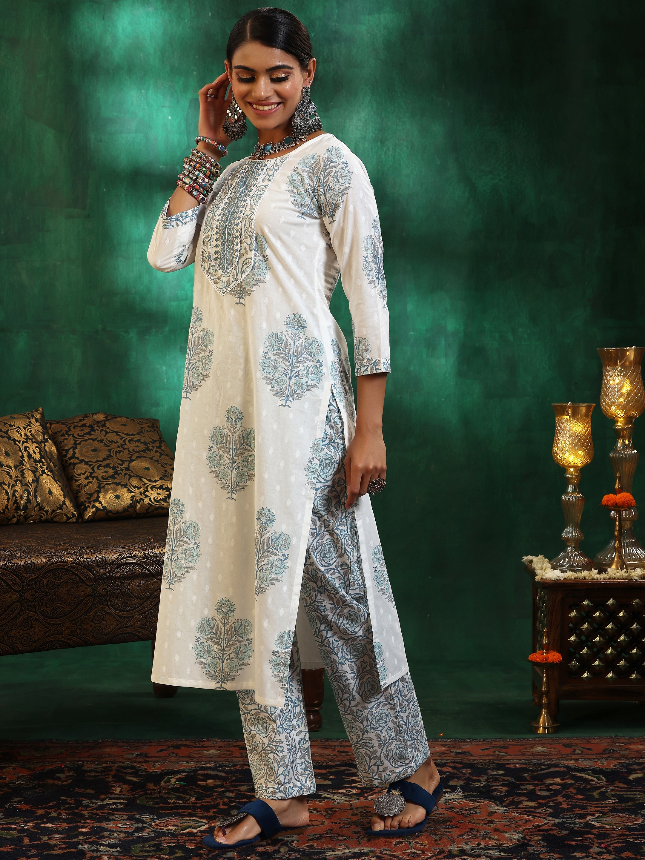 Off White Printed Cotton Straight Suit With Dupatta