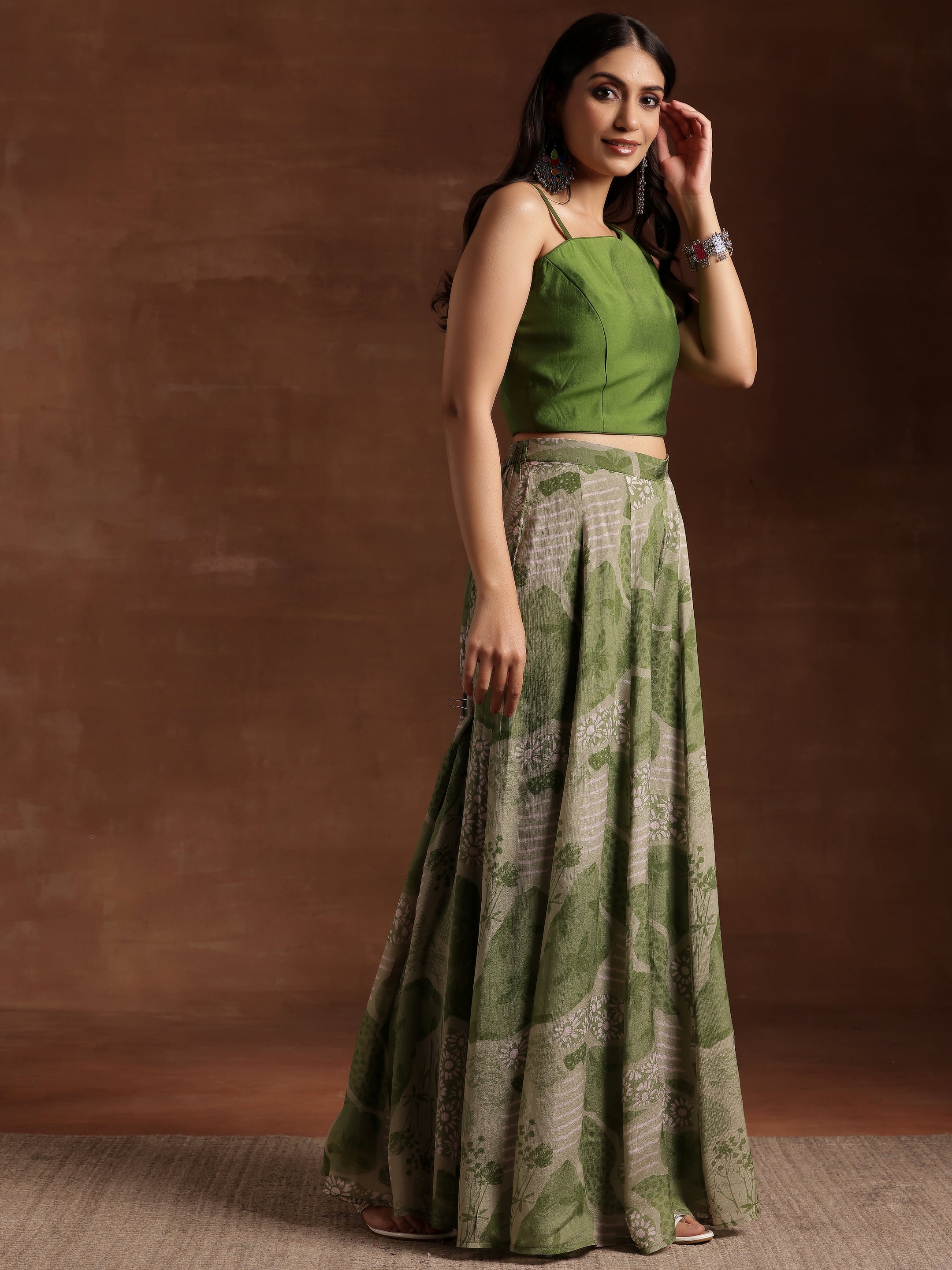 Green Printed Silk Blend Co-Ords