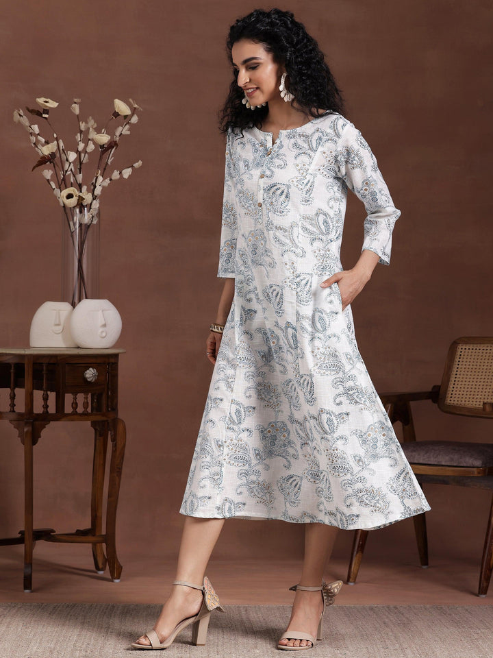 White Printed Cotton A-Line Dress - Libas