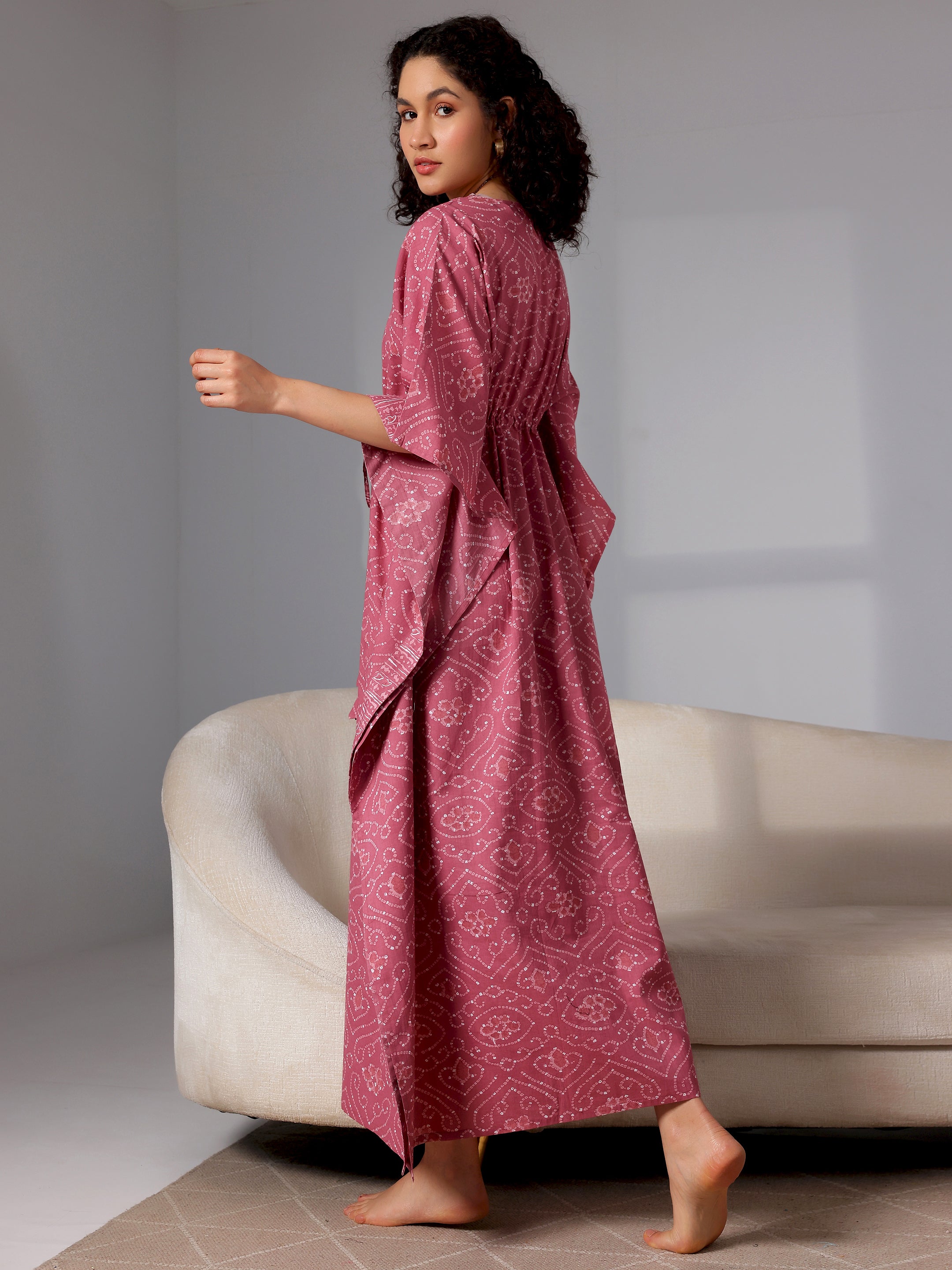 Mauve Printed Cotton Kaftan Night Dress