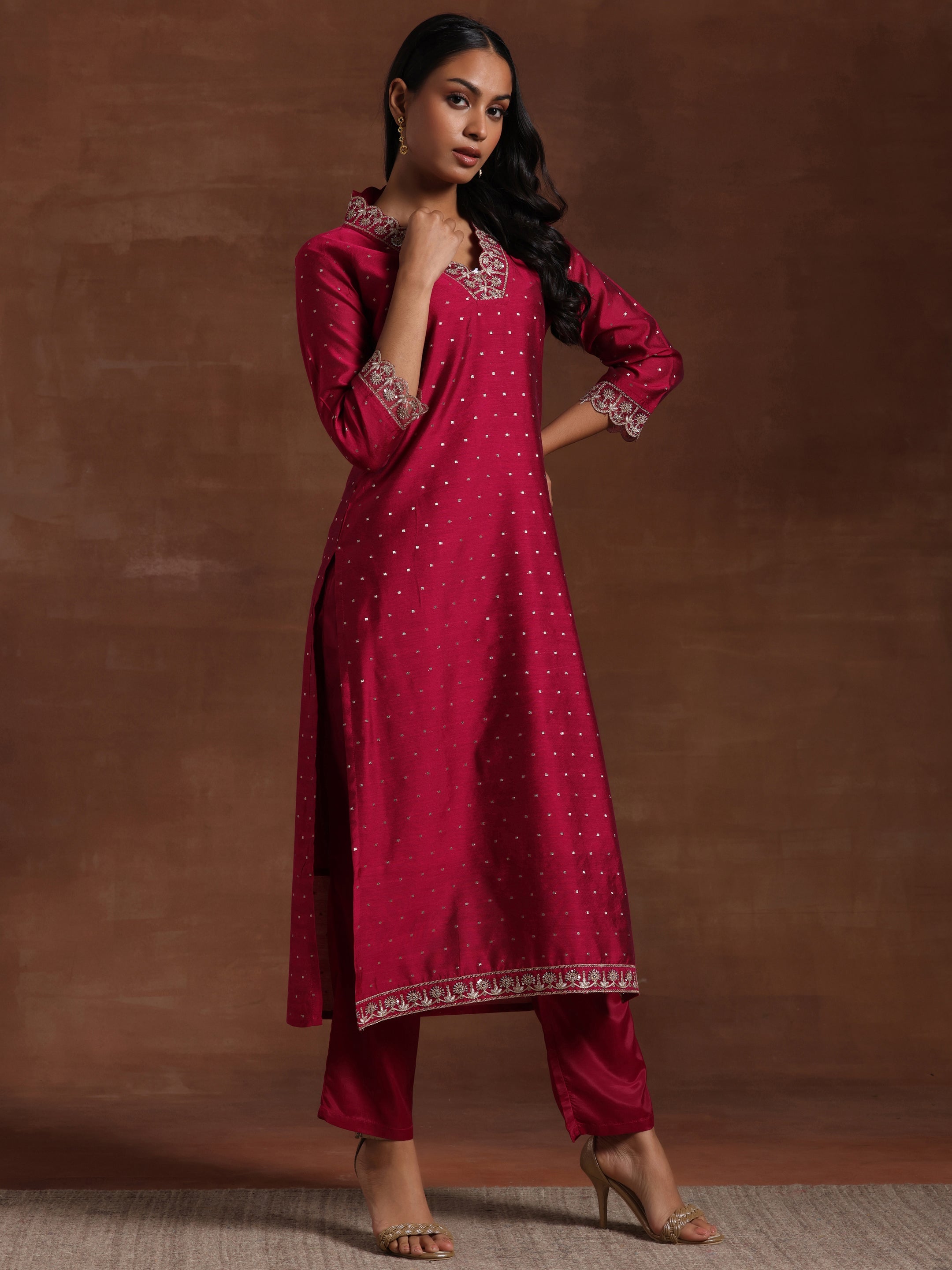 Pink Self Design Silk Blend Straight Suit With Dupatta