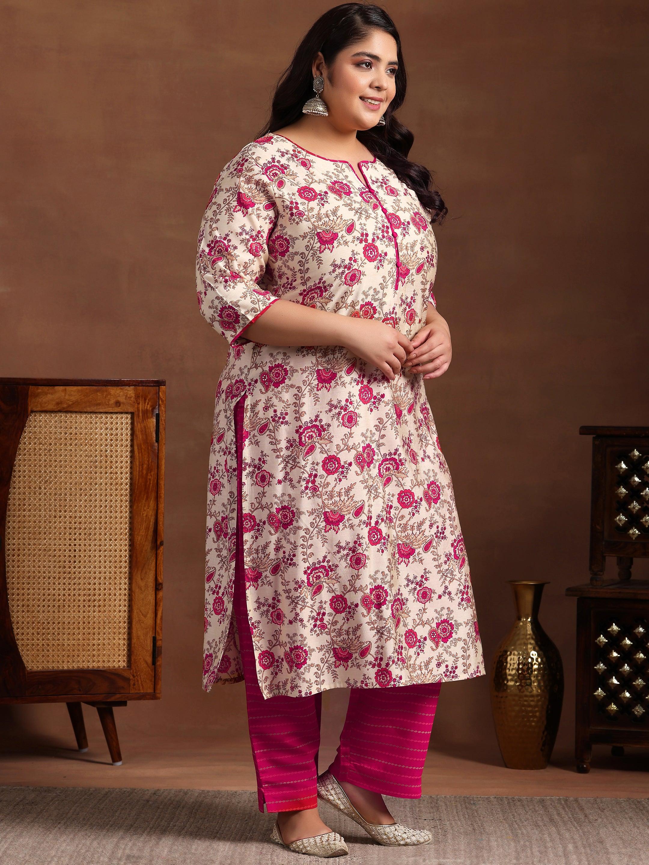 Plus Size Pink Printed Silk Blend Straight Suit With Dupatta