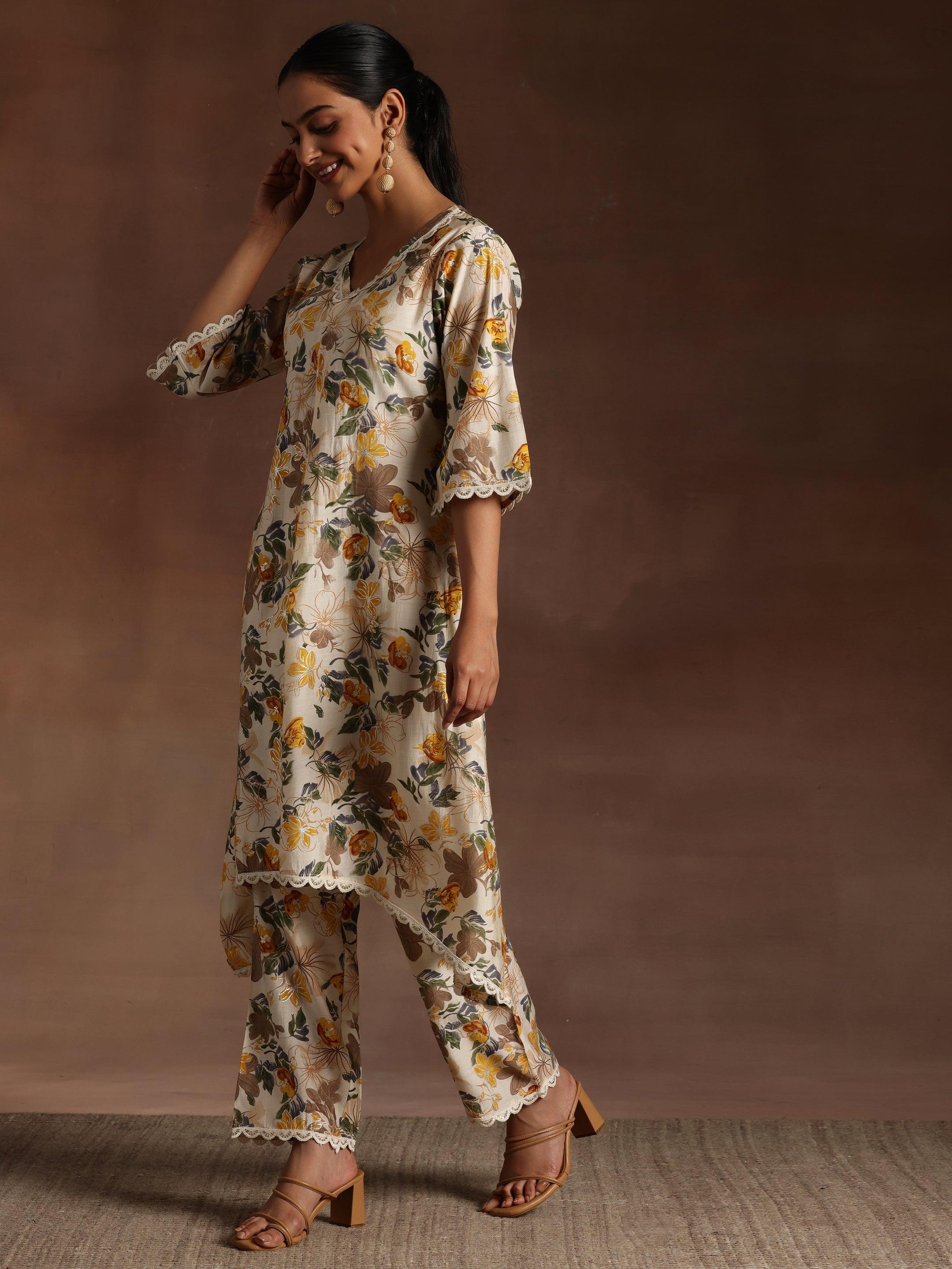 Beige Printed Chanderi Silk A-Line Kurta With Trousers