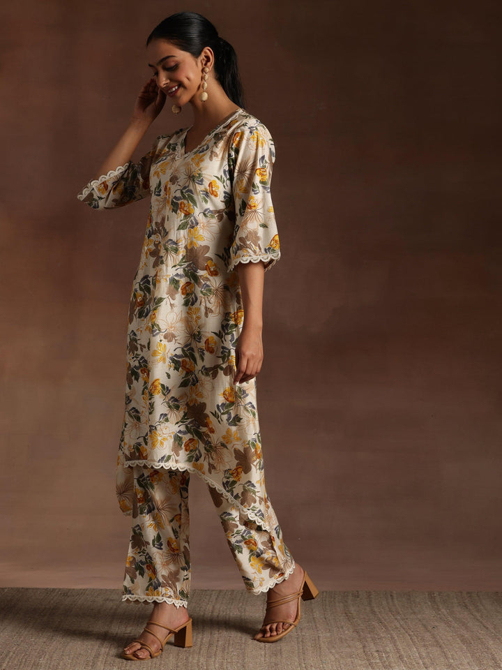 Beige Printed Chanderi Silk A-Line Kurta With Trousers - ShopLibas