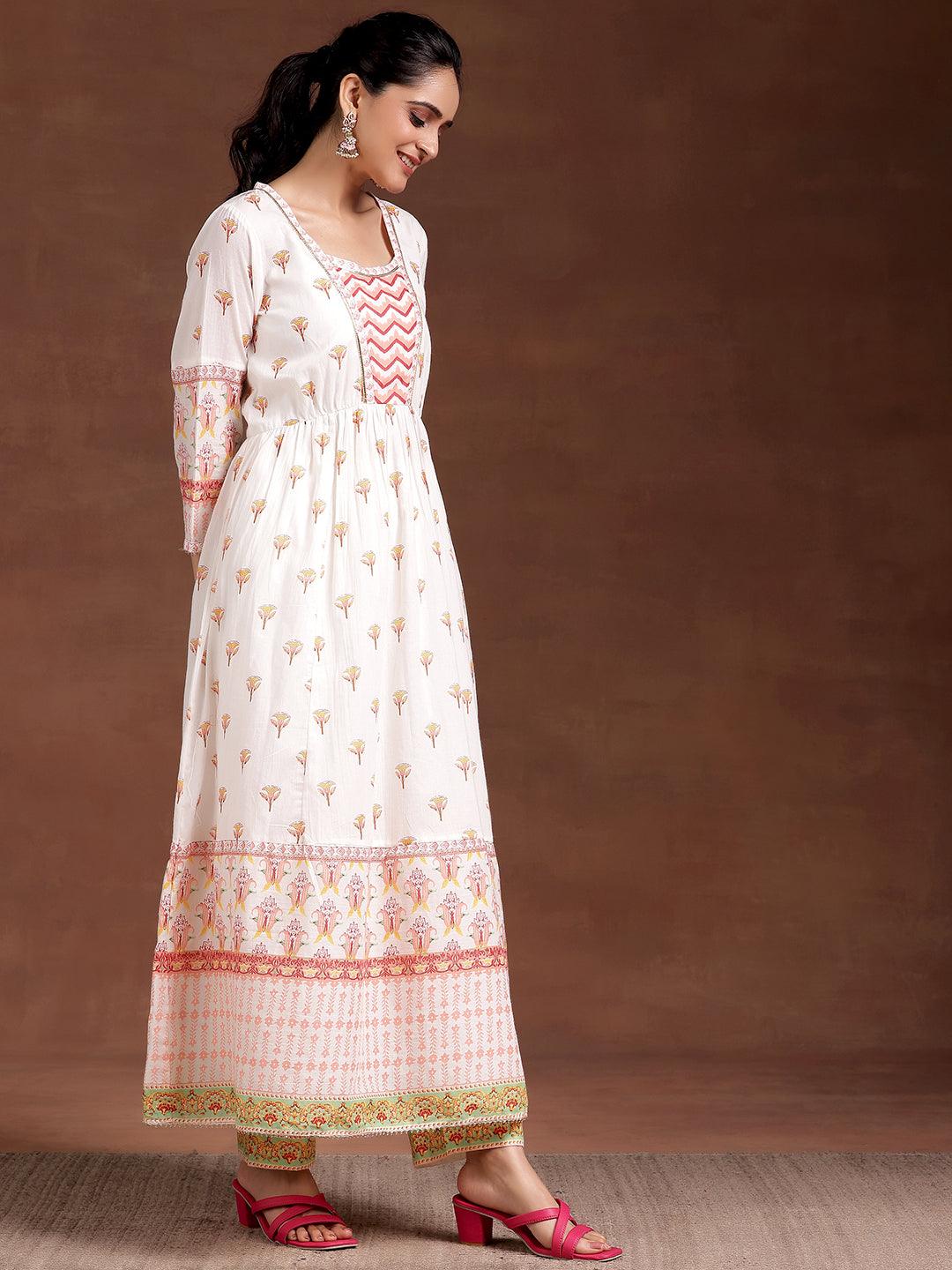 Off White Printed Cotton Anarkali Suit With Dupatta