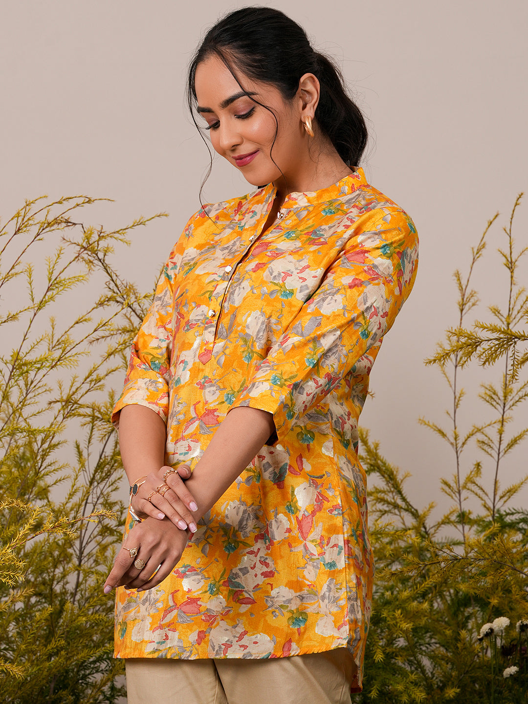 Yellow Printed Silk Blend A-Line Kurti