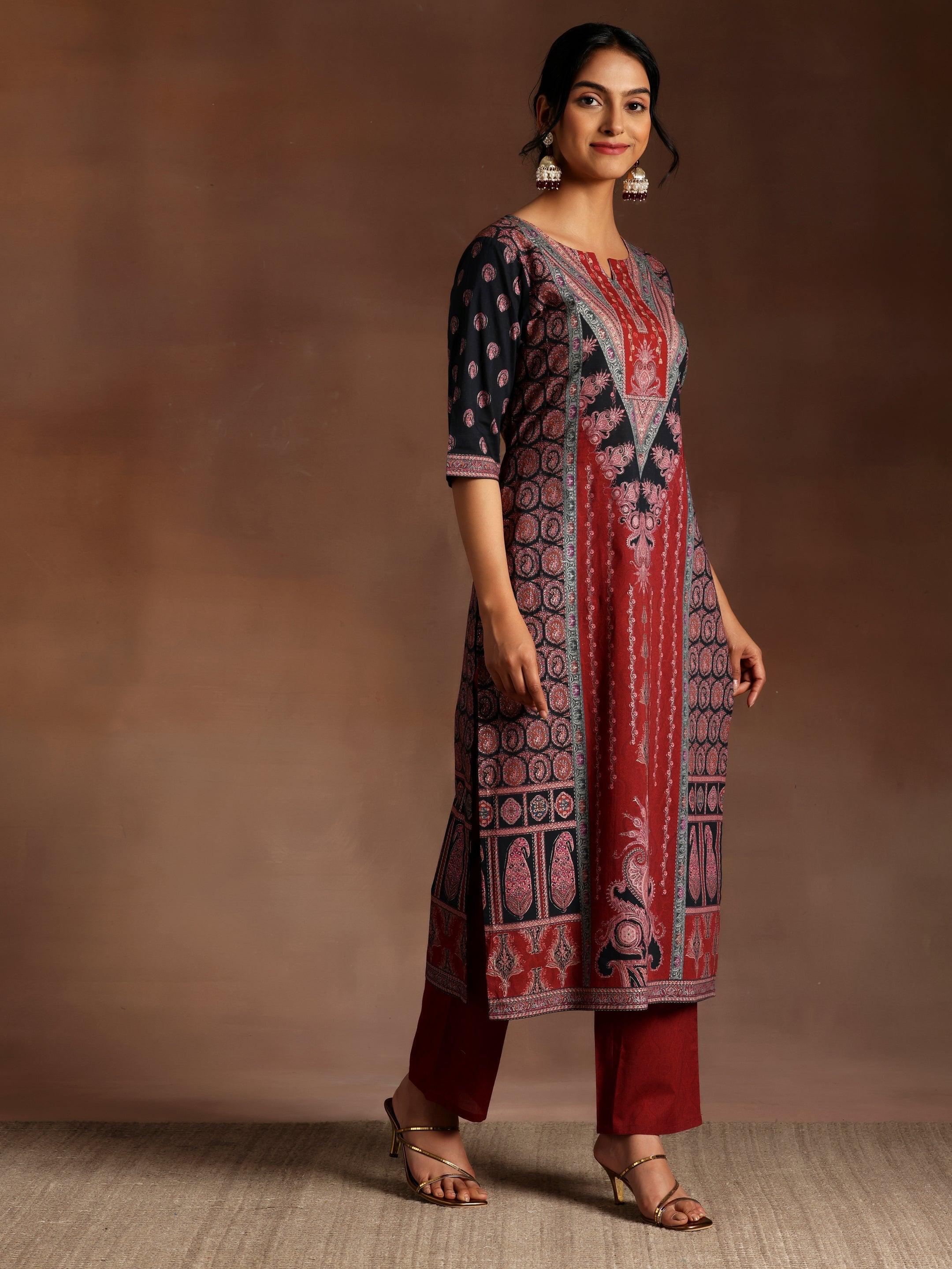 Black Printed Cotton Straight Suit With Dupatta