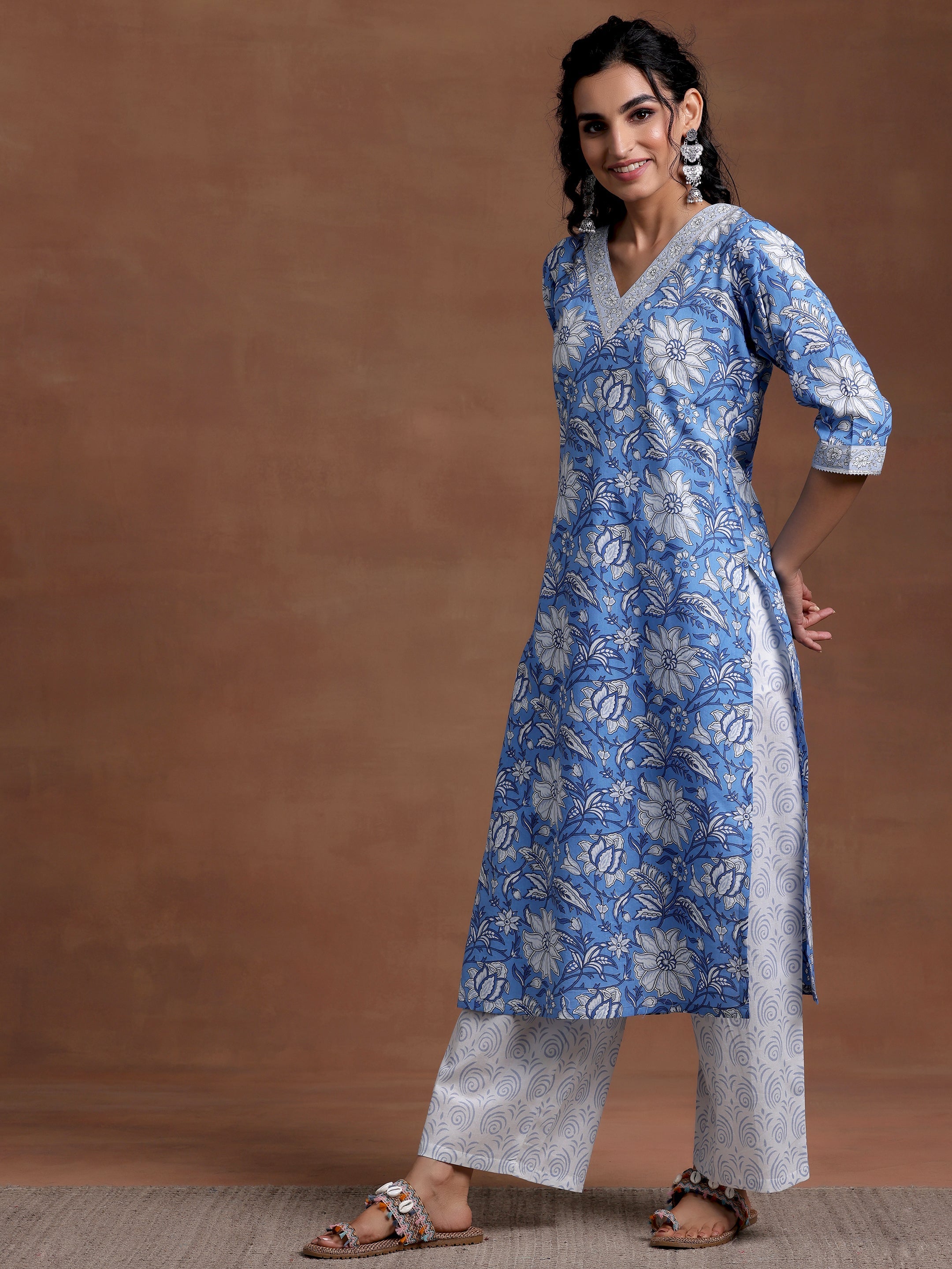 Blue Printed Cotton Straight Suit With Dupatta