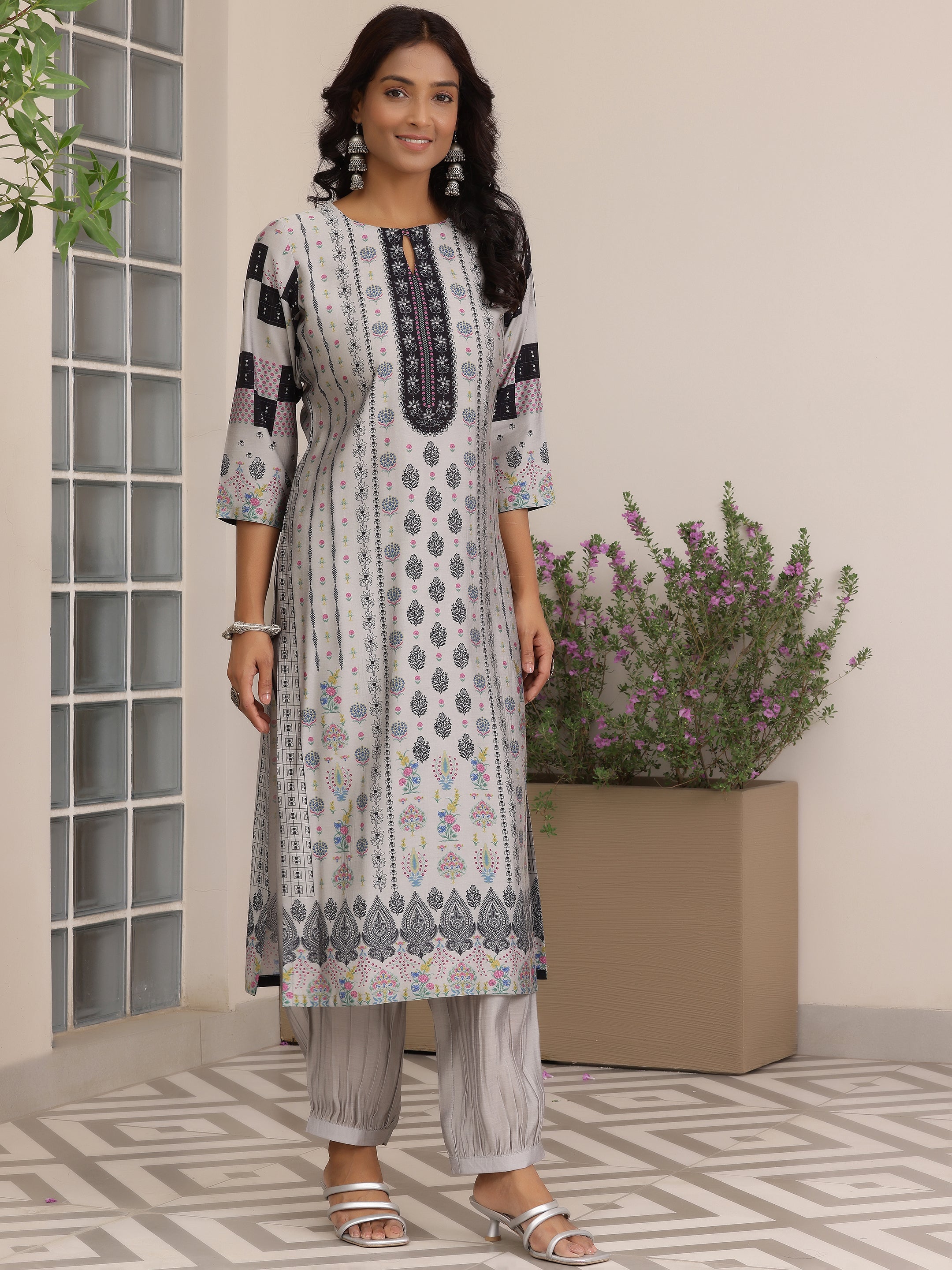 Grey Printed Silk Blend Straight Suit With Dupatta