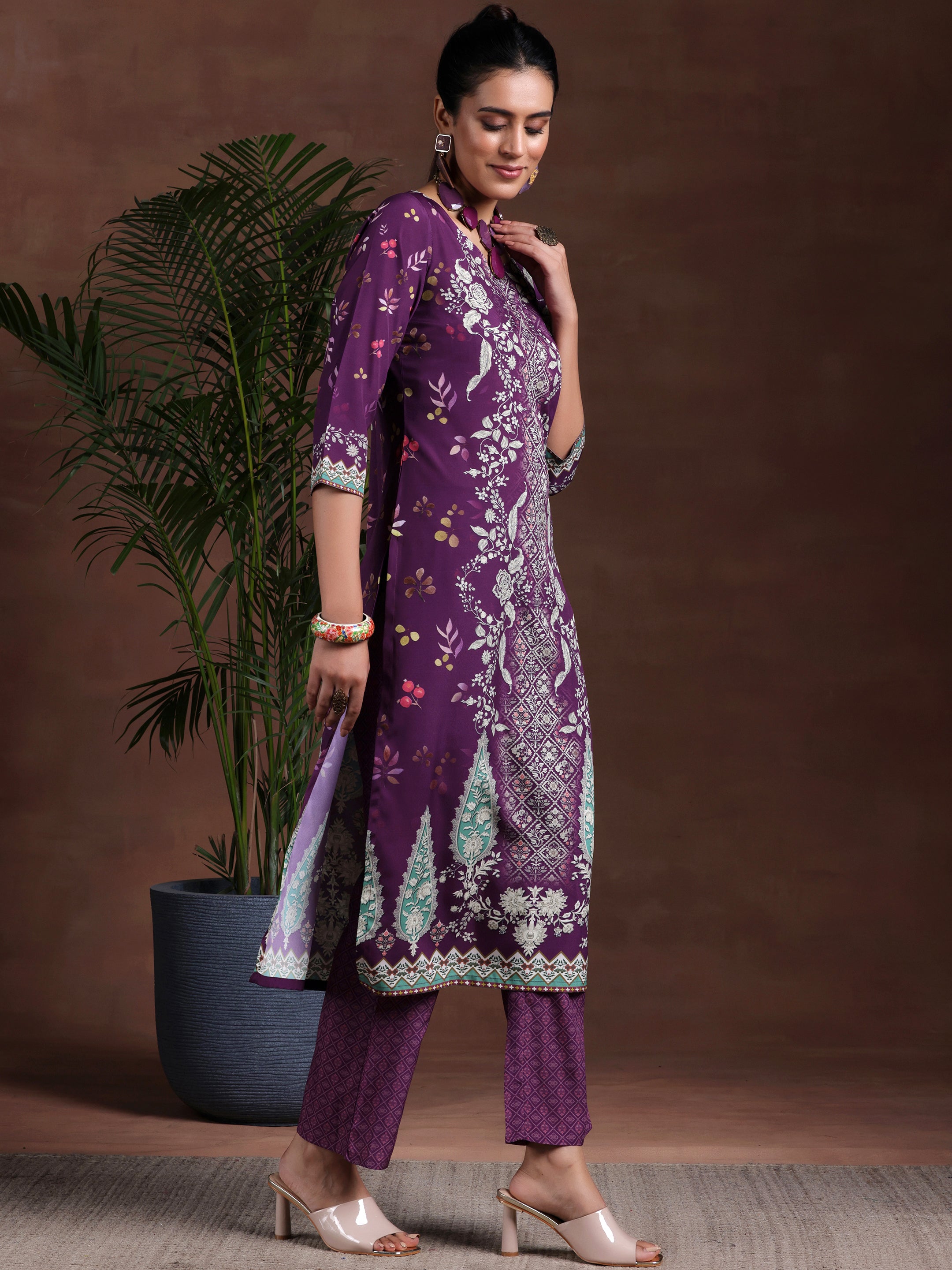 Wine Printed Poly Crepe Straight Suit With Dupatta