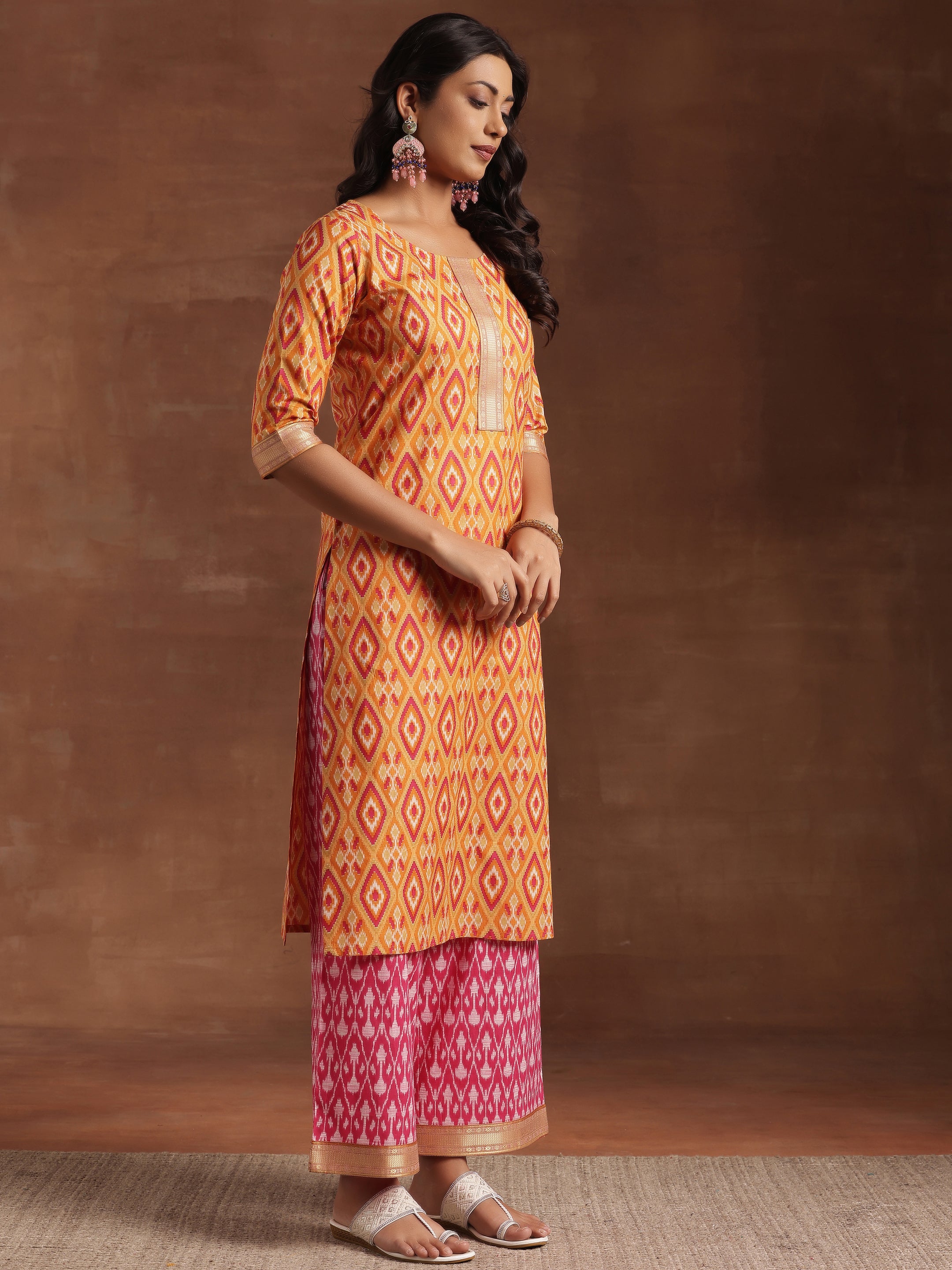 Orange Printed Cotton Straight Suit With Dupatta