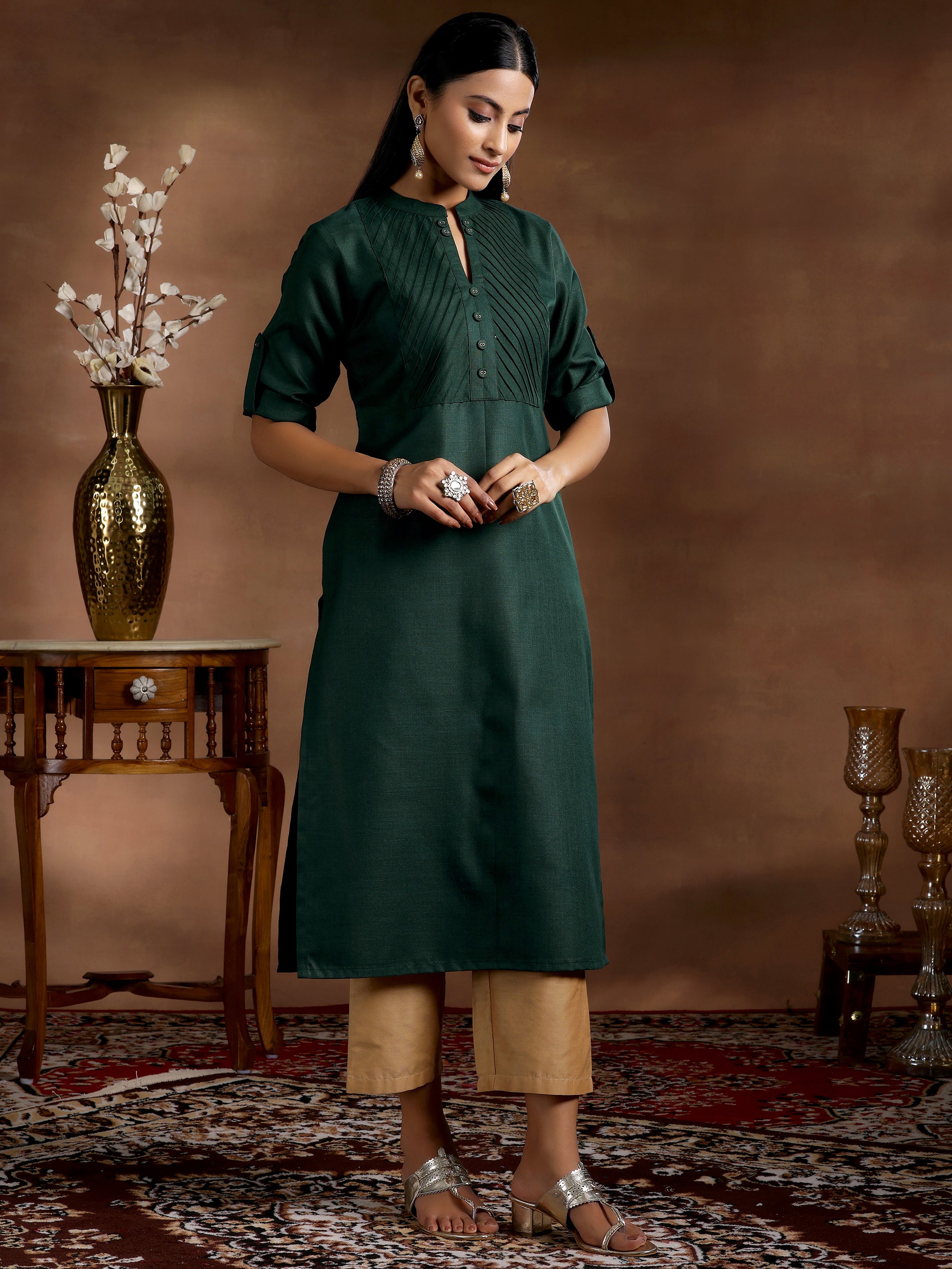 Green Solid Silk Straight Kurta