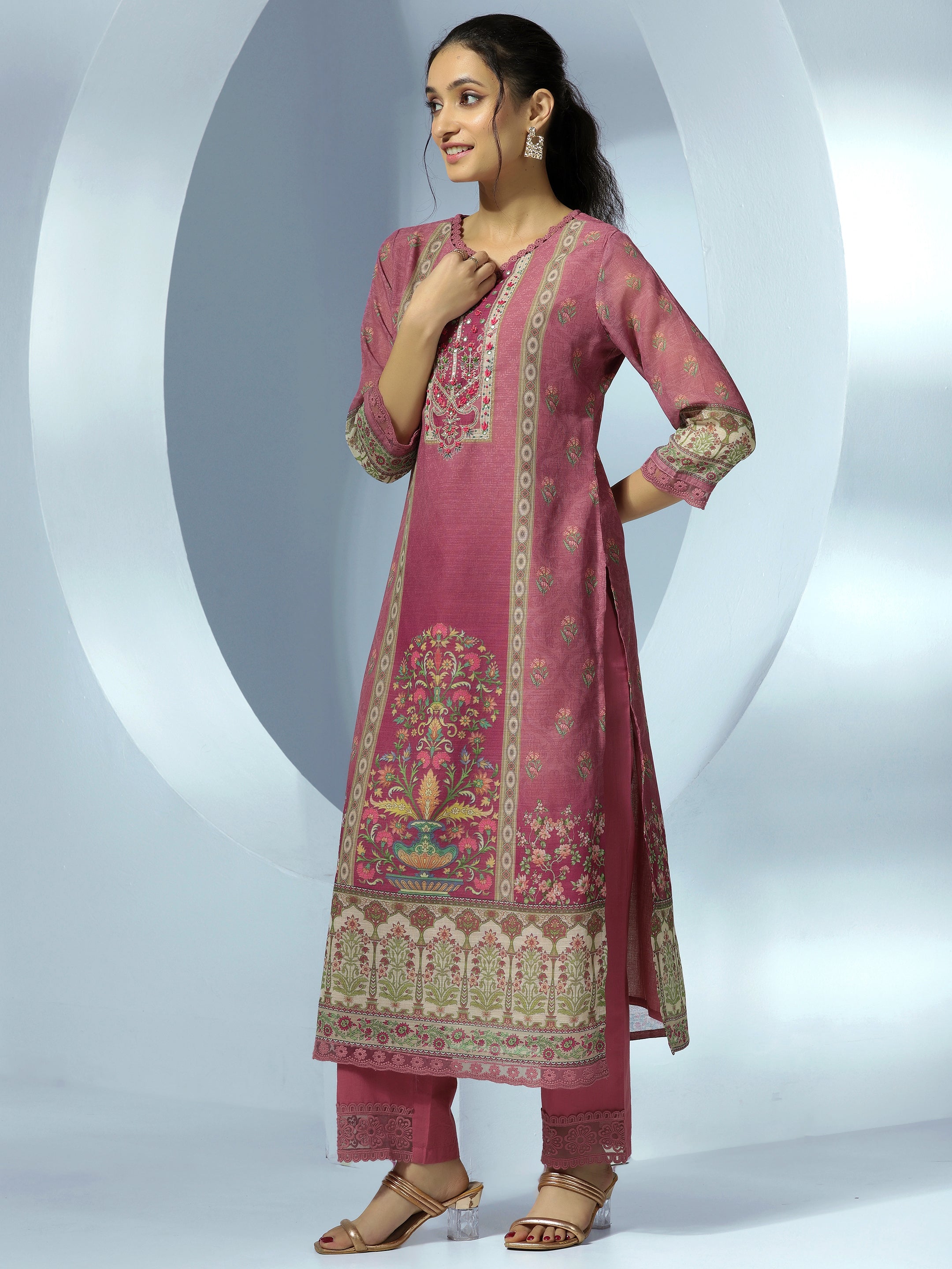 Mauve Printed Linen Straight Suit With Dupatta