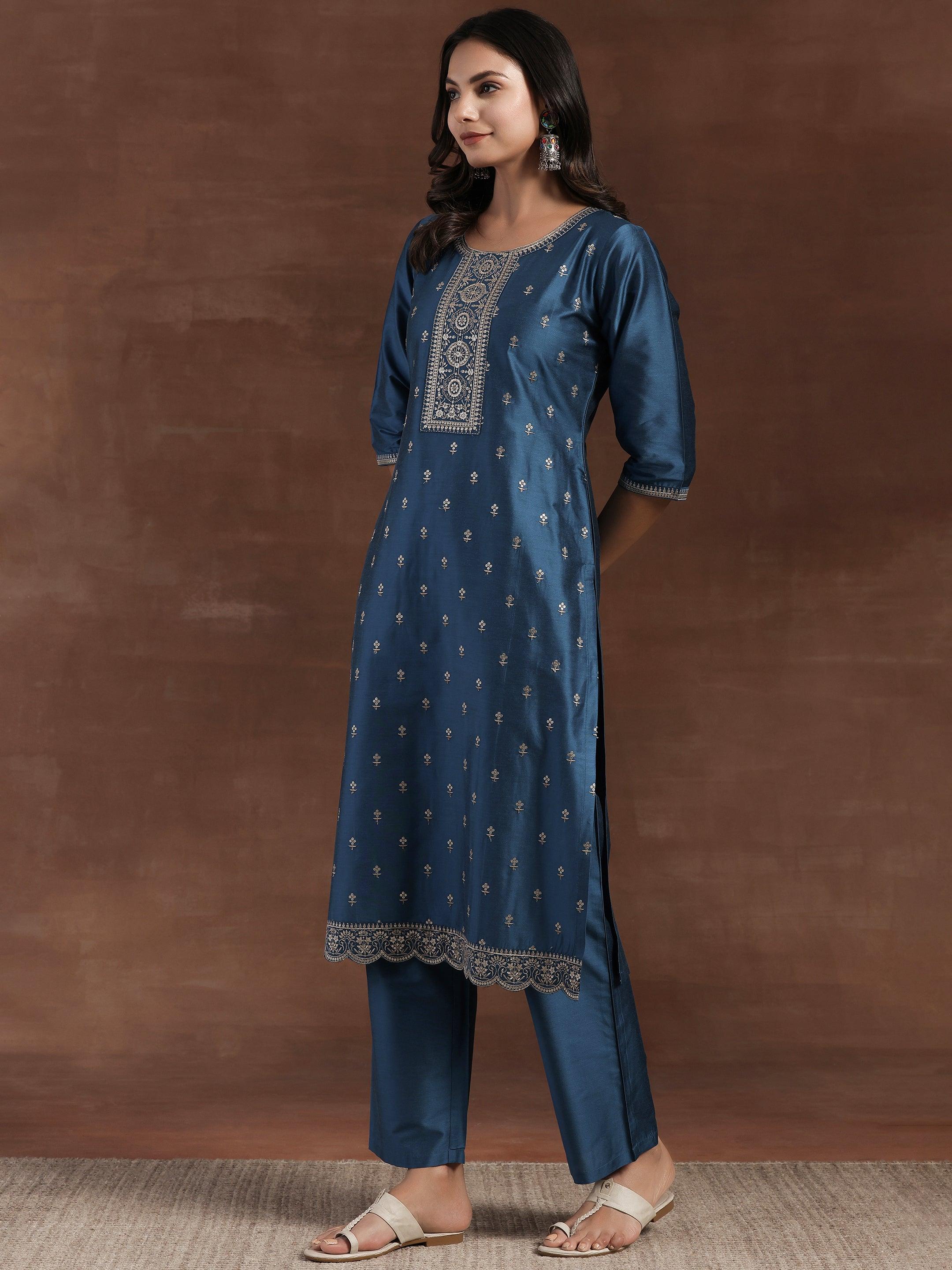 Blue Embroidered Silk Blend Straight Suit With Dupatta