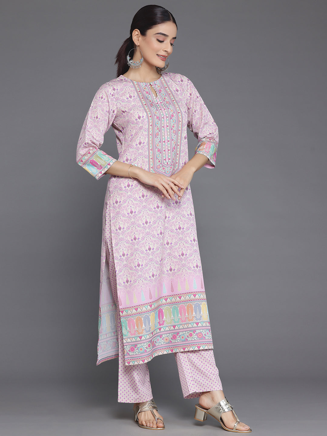 Pink Printed Poly Crepe Straight Suit With Dupatta