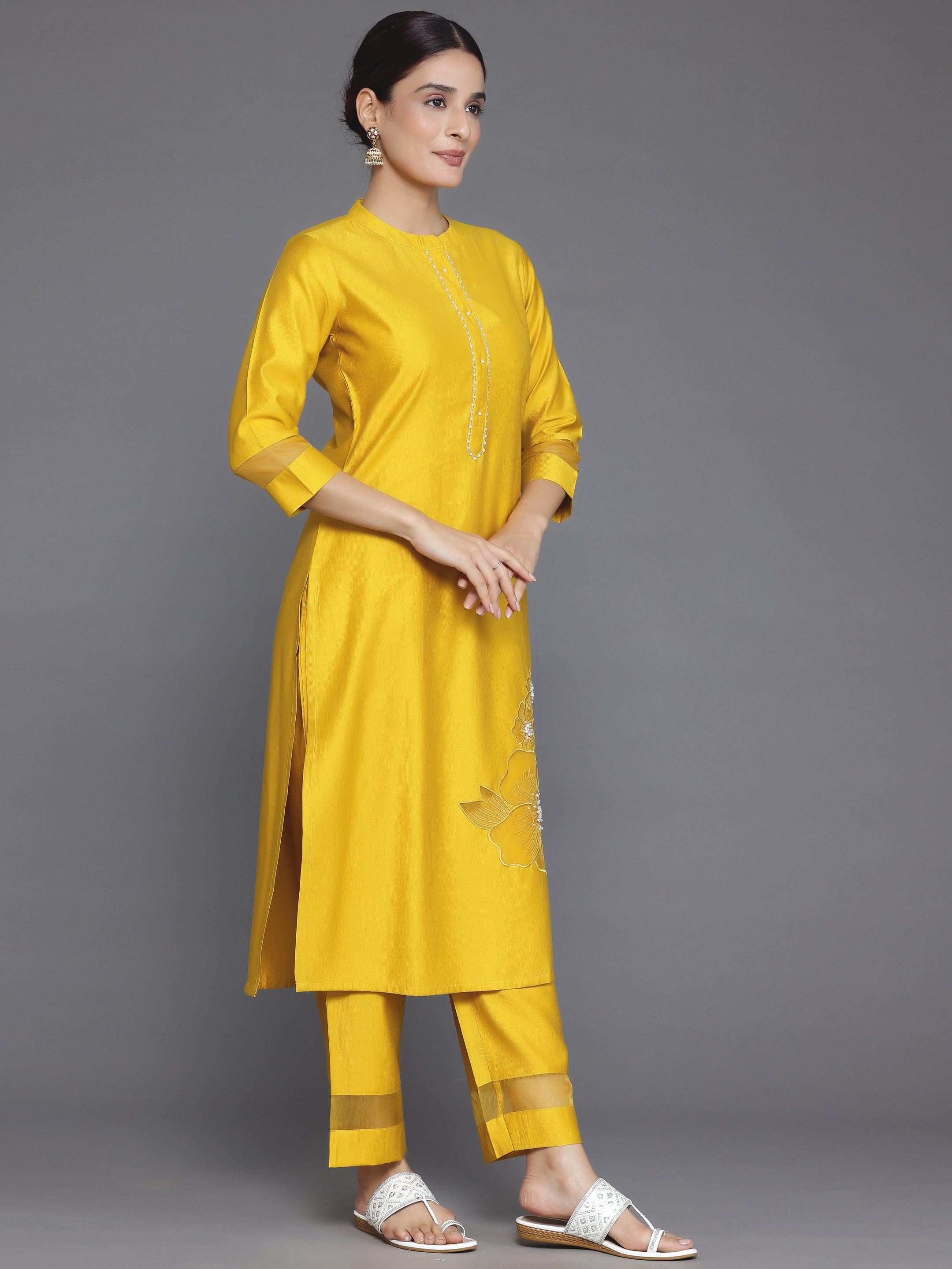 Yellow Solid Silk Blend Straight Suit With Dupatta