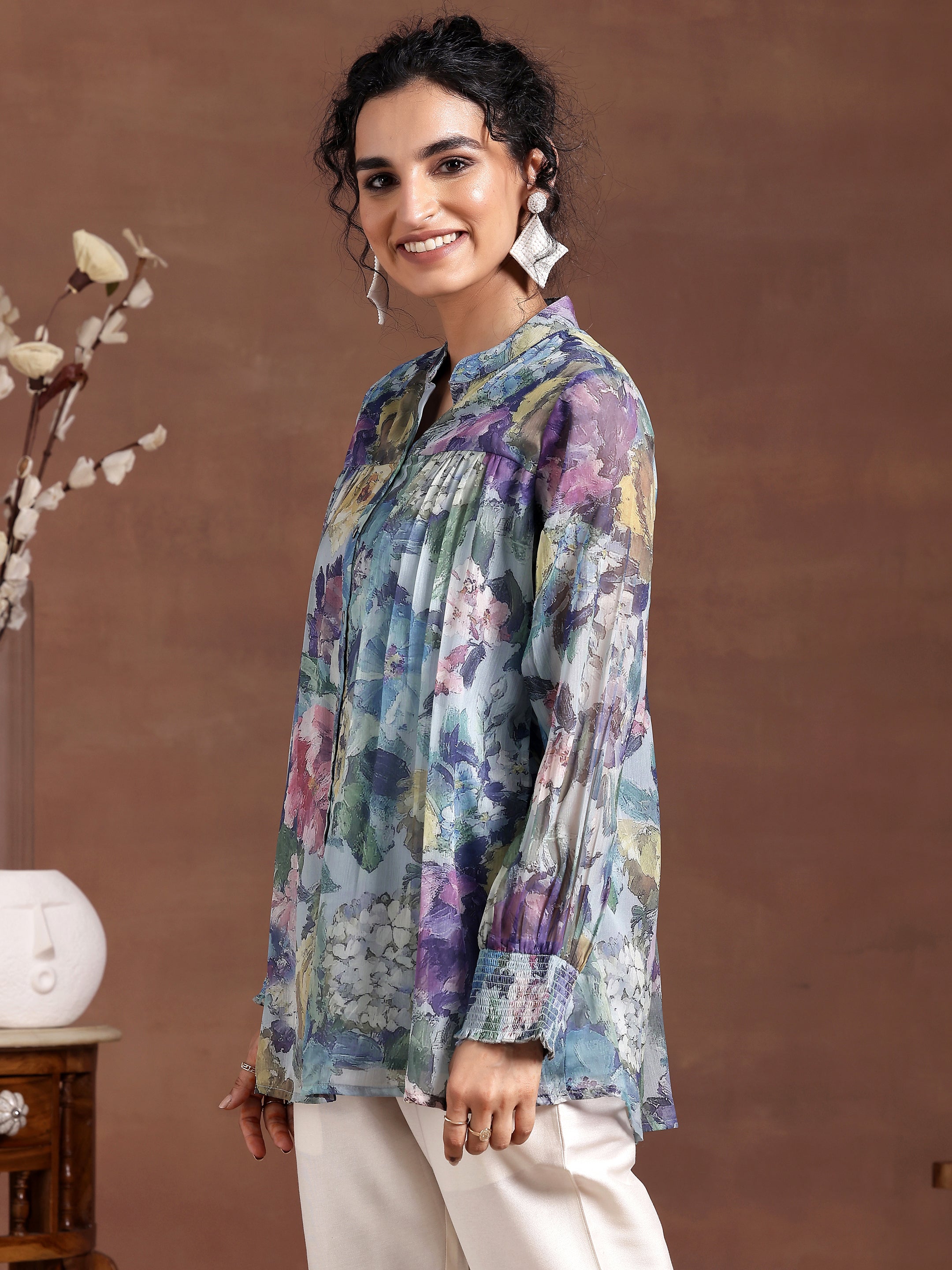 Blue Printed Chiffon A-Line Kurti