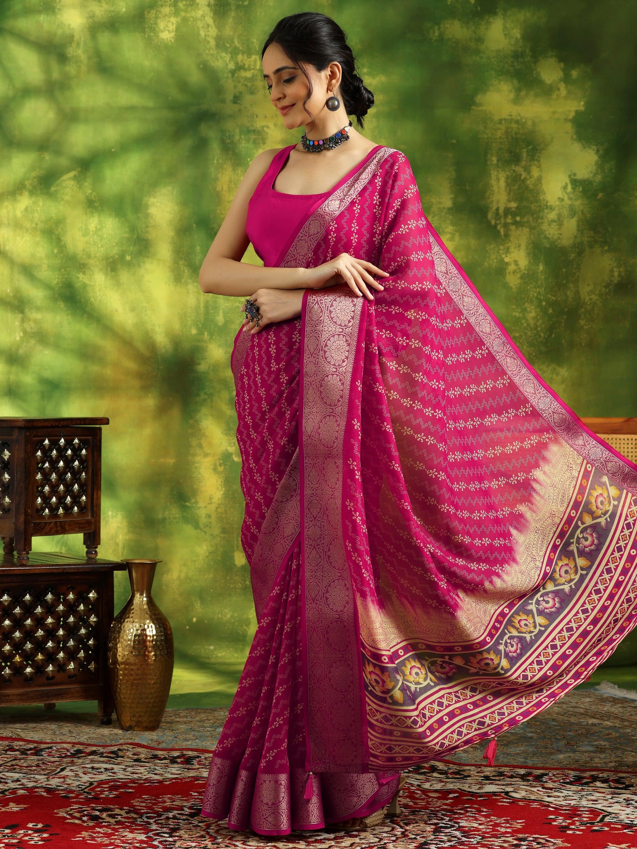 Pink Printed Silk Blend Saree With Unstitched Blouse Piece