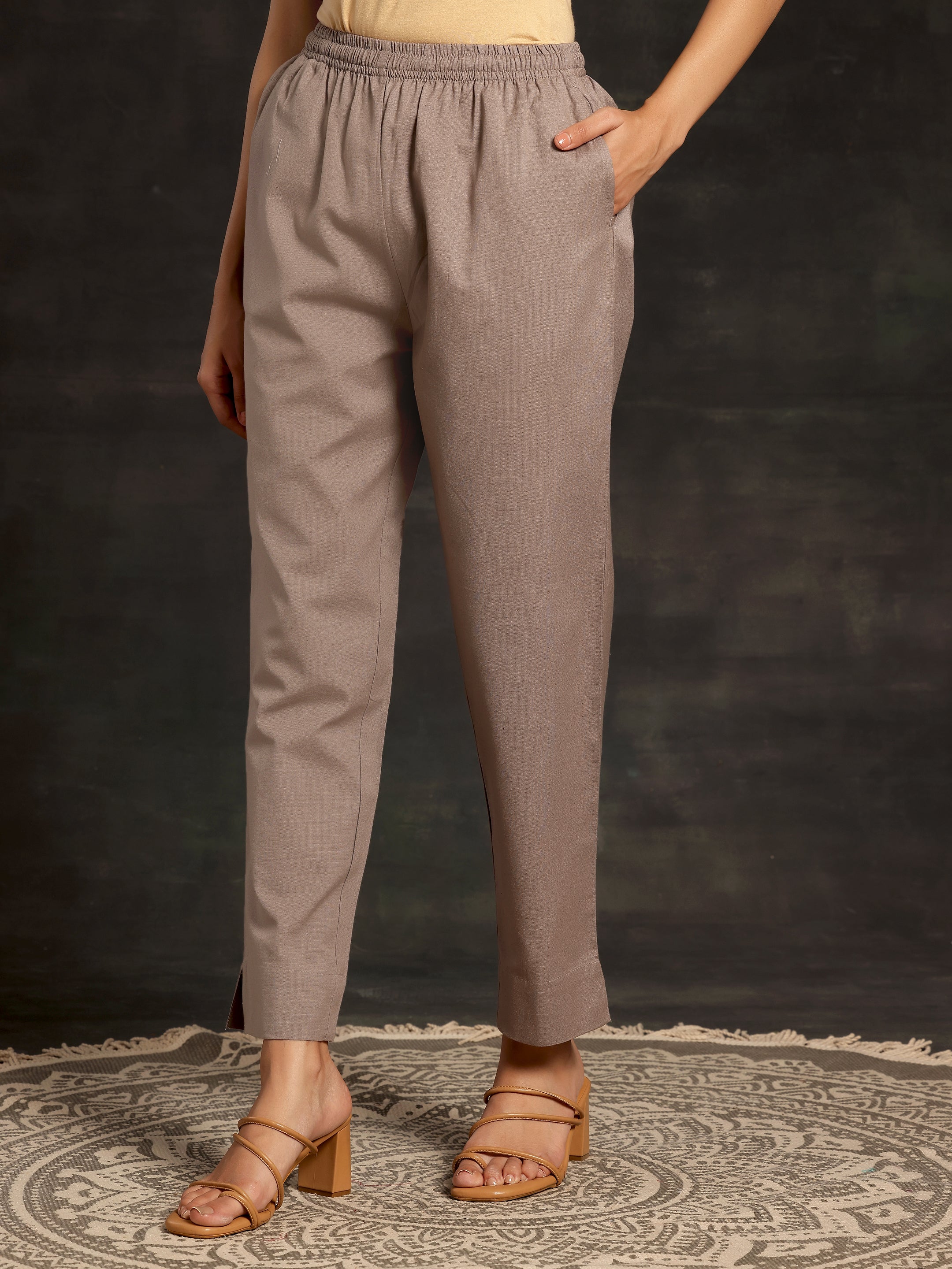 Grey Solid Cotton Straight Fit Trousers